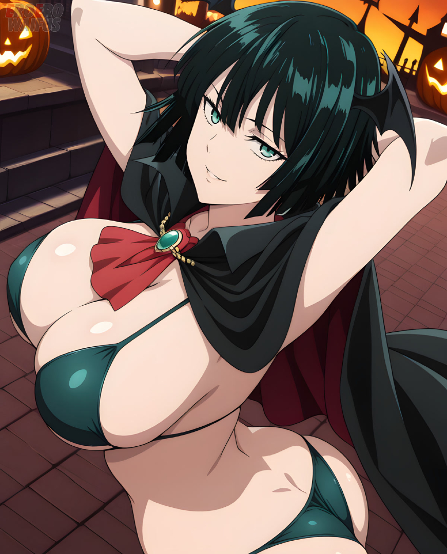 ai generated, armpits, arms up, bare thighs, big ass, big butt, bikini, breasts, eroero waifus, fat ass, female, fubuki (one-punch man), gigantic ass, gigantic breasts, green eyes, green hair, halloween, huge breasts, huge thighs, light skin, light-skinned female, looking at viewer, massive ass, massive breasts, one-punch man, short hair, sideboob, smiling, solo female, squatting, sweat, sweatdrop, thick body, thick female, thick thighs, thighs, vampire, vampire girl, voluptuous, voluptuous female