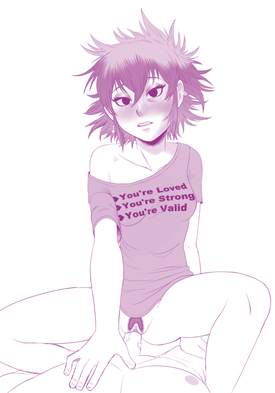 asian, asian female, blush, blushing at viewer, female, gorillaz, hairy pussy, hors-art, looking at viewer, male, noodle (gorillaz), noodle (jaguar), partially clothed, penis, penis in pussy, pussy, riding, riding penis, shirt, upside down cross, veiny penis