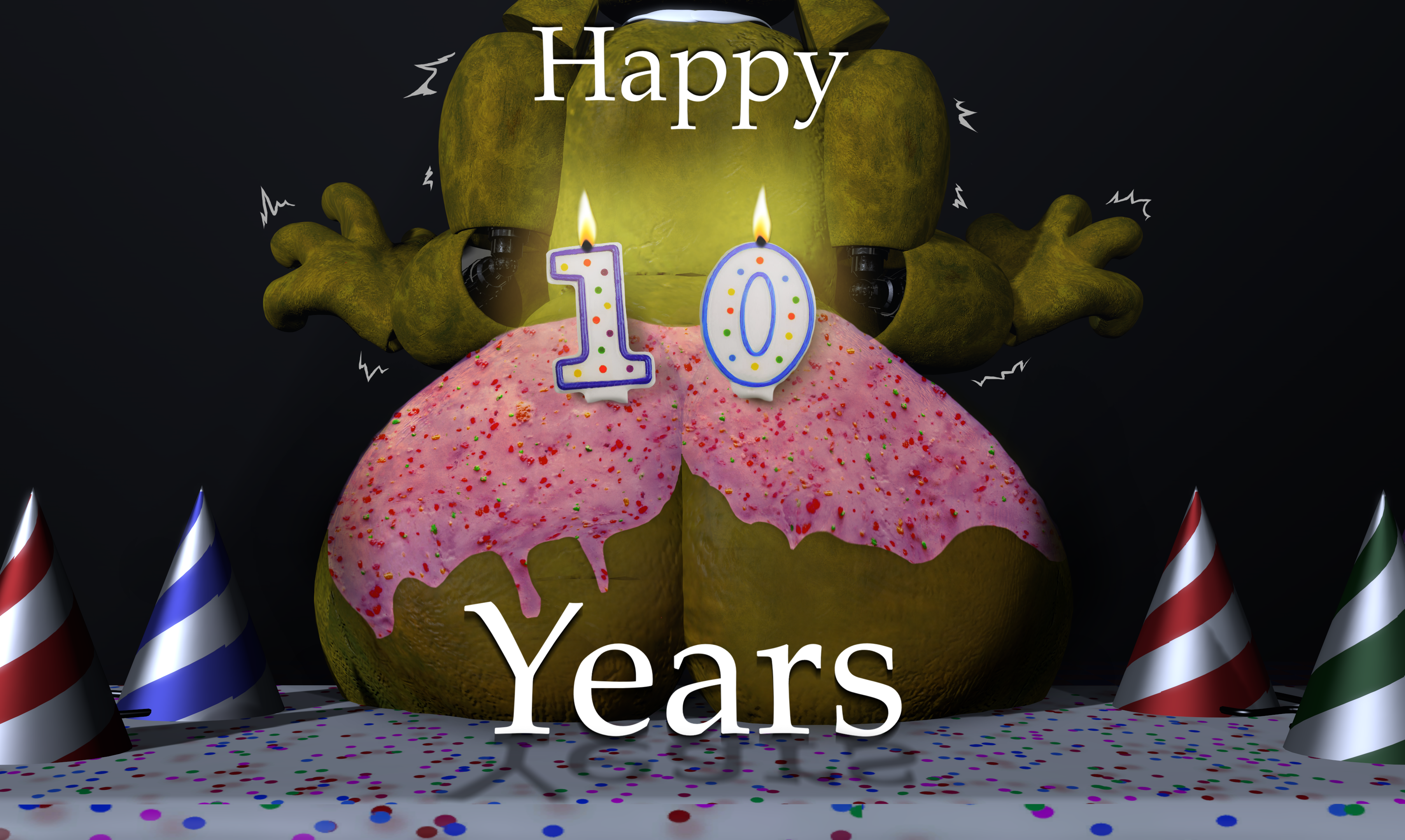 1girls, 3d, animatronic, ass, back view, big ass, big butt, cake, caked up, chica (fnaf), chickenchicalover, classic chica (fnaf), female, female focus, female only, five nights at freddy's, fnaf, hands up, icing, icing on ass, indoors, large ass, large butt, on table, robot, robot girl, sitting, sitting on table, solo, solo female, solo focus, table