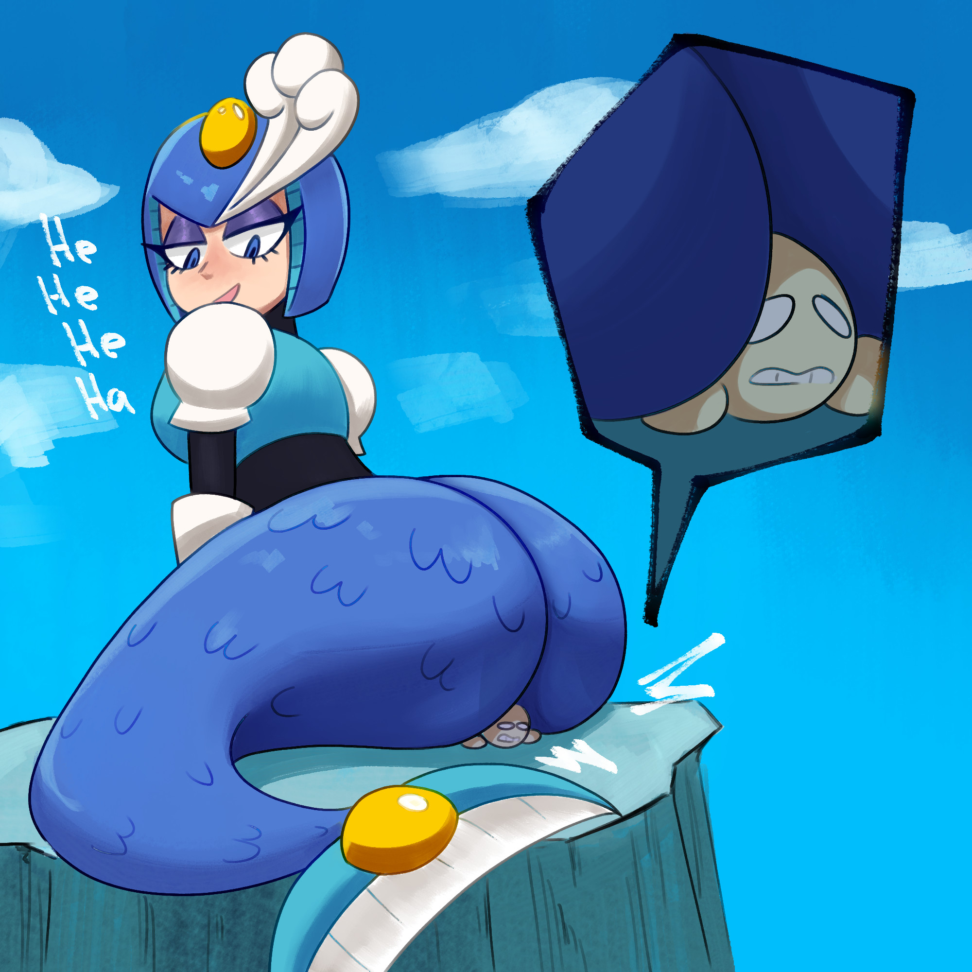 1ambiguous, 1girls, ambiguous gender, ass, big ass, blue eyes, blue hair, butt crush, buttcrush, capcom, female, giantess, hi res, male, mega man, merfolk, mermaid, size difference, smaller male, splash woman, tagme, taller female, text, veruveru21