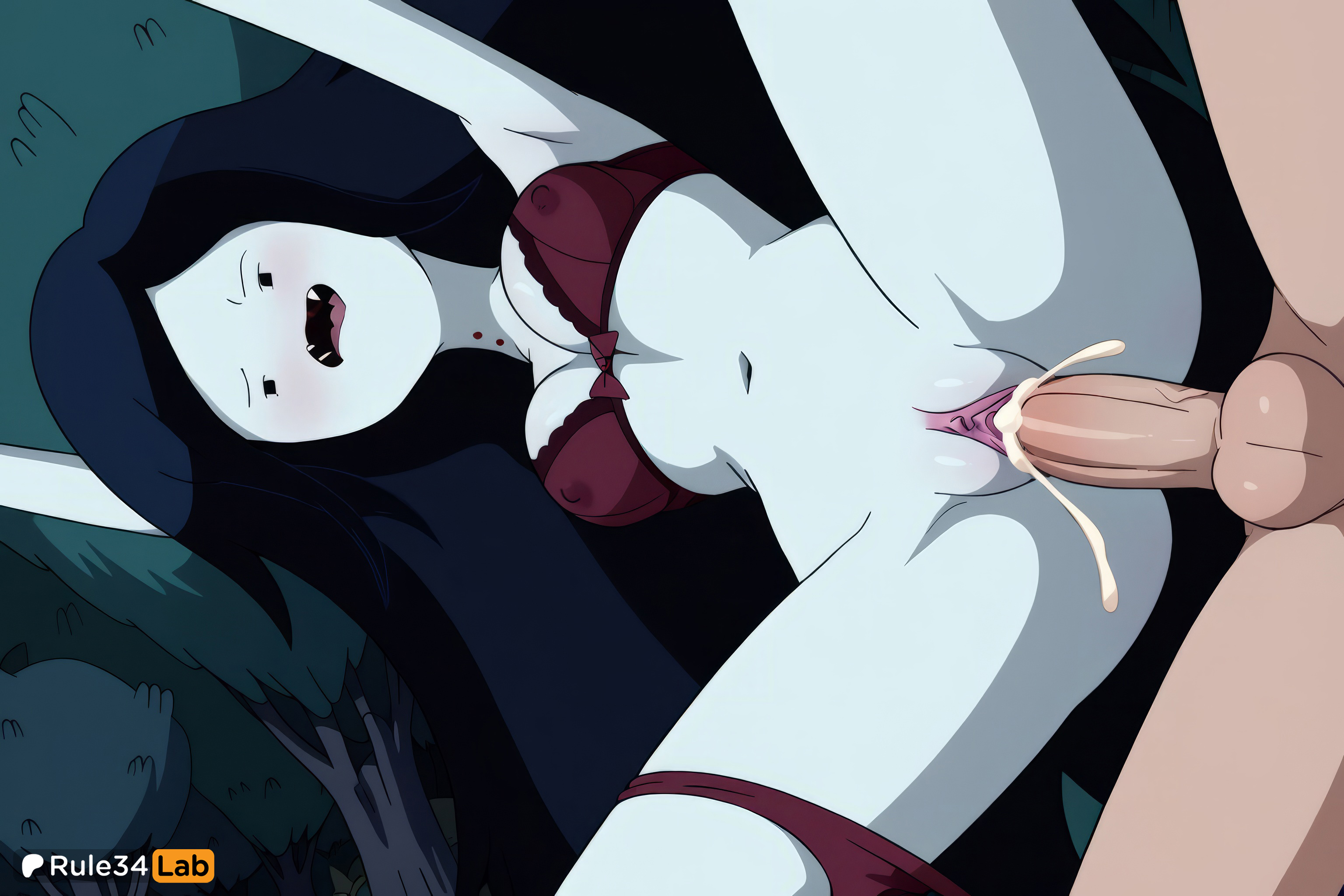 1boy, 1boy1girl, 1girls, adventure time, ai generated, balls, black hair, blush, bow, bra, breasts, cartoon network, colored skin, covered nipples, cum, cum in pussy, fangs, female, finn the human, grey skin, hi res, large breasts, long hair, male, marceline, marceline abadeer, marceline the vampire queen, medium breasts, navel, open mouth, outdoors, panties, panties around one leg, penis, pussy, red panties, rule34lab, sex, solo focus, straight, testicles, tree, uncensored, underwear, underwear only, vaginal penetration, vaginal sex, vampire, warner bros, warner brothers
