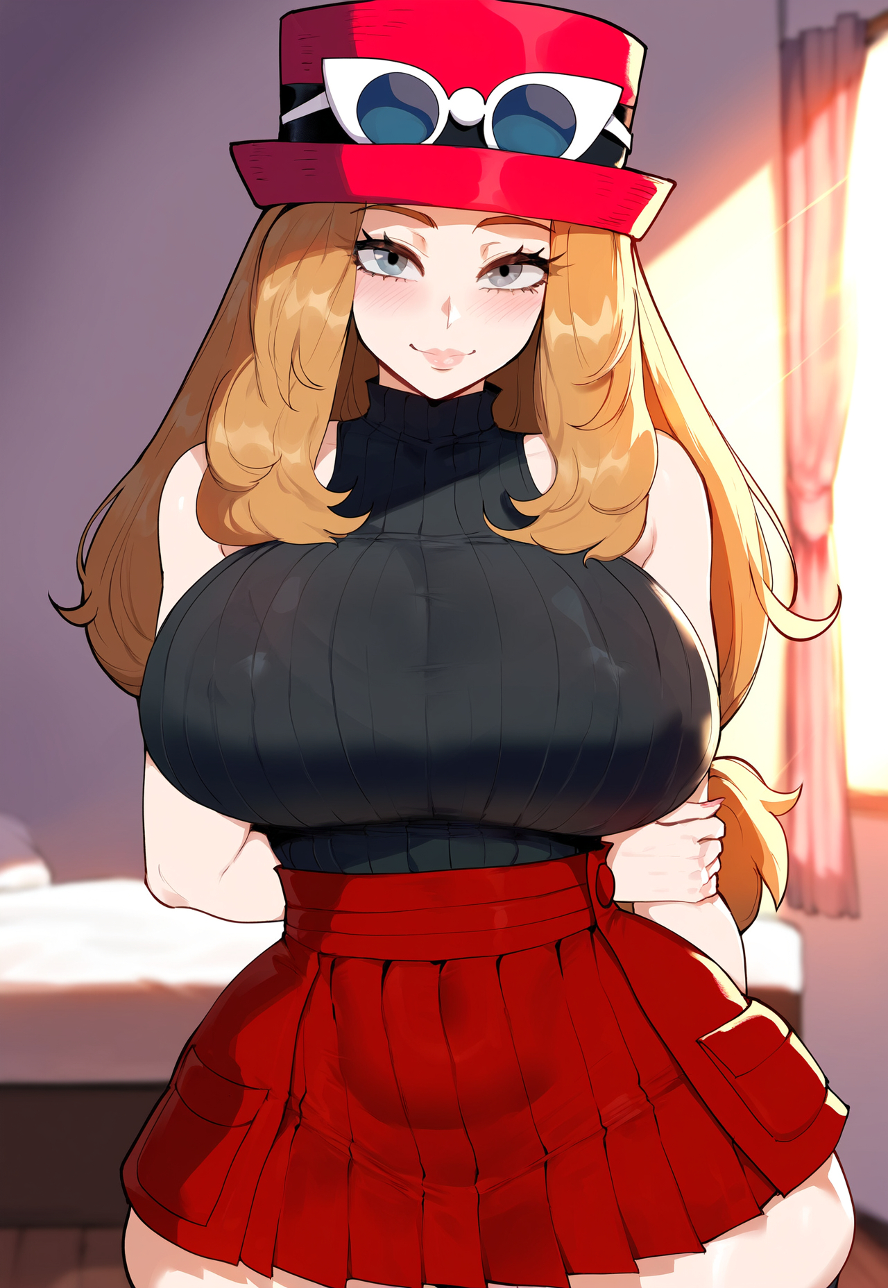 1girls, ai generated, ass, big breasts, breasts, brown hair, female, female focus, hat, hips, huge ass, huge breasts, juuicyai, large breasts, light-skinned female, long hair, looking at viewer, pokemon, serena (pokemon), thick thighs, thighs, wide hips