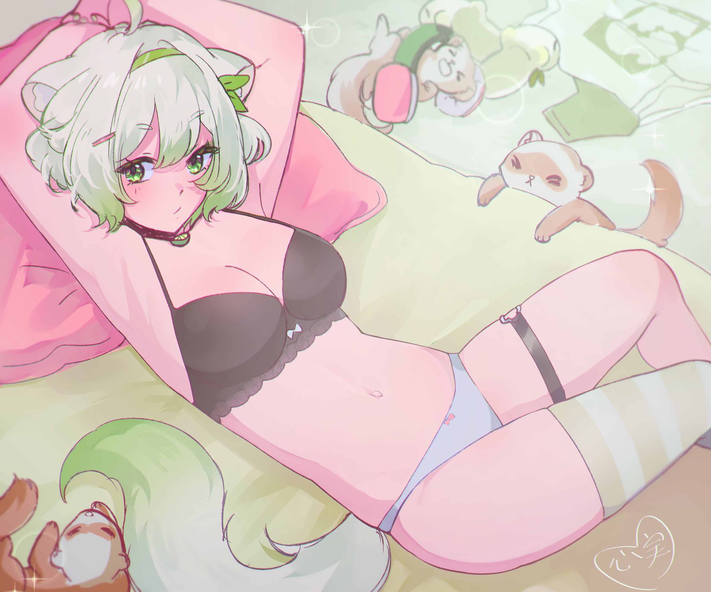 1girls, animal ears, armpits, arms up, asymmetrical legwear, bed, belly button, bra, breasts, cleavage, cute, female, female focus, female only, ferret, ferret ears, ferret girl, ferret tail, green eyes, green hair, green highlights, hair ribbon, hairband, hairclip, indie virtual youtuber, kokomi, laimu, laimu (2nd costume), laimu (comfy t-shirt), lingerie, lounging, medium breasts, on back, on bed, panties, partially clothed, pet, petite, shirt, shirt off, short hair, slippers, solo, tail, thick thighs, thigh strap, thighhighs, thighs, tummy, two-tone hair, underwear, virtual youtuber, vtuber, white hair