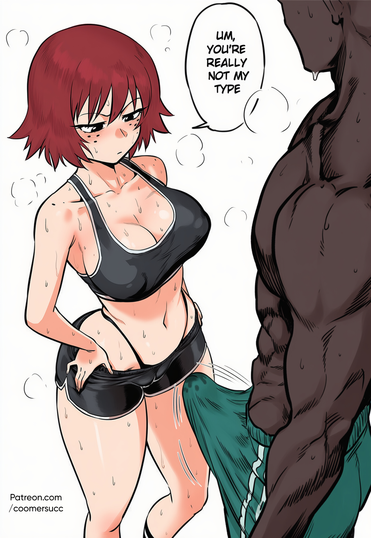 1boy, 1girls, abs, ai generated, big breasts, black eyes, black panties, black shorts, black sports bra, blush, breasts, bulge, cameltoe, cleavage, clothing, collarbone, coomersucc, covered nipples, dark skin, dark-skinned male, dolphin shorts, english language, english text, erection, erection under clothes, faceless, faceless male, female, freckles, gym shorts, hands on own hips, highleg, highleg panties, interracial, kim pine, large breasts, male, midriff, muscles, muscular, muscular male, navel, panties, panty straps, penis, penis awe, red hair, scott pilgrim, short hair, shorts, sports bra, straight, sweat, text, thong, toned, uncensored, underwear, undressing, veiny penis, very dark skin, very sweaty