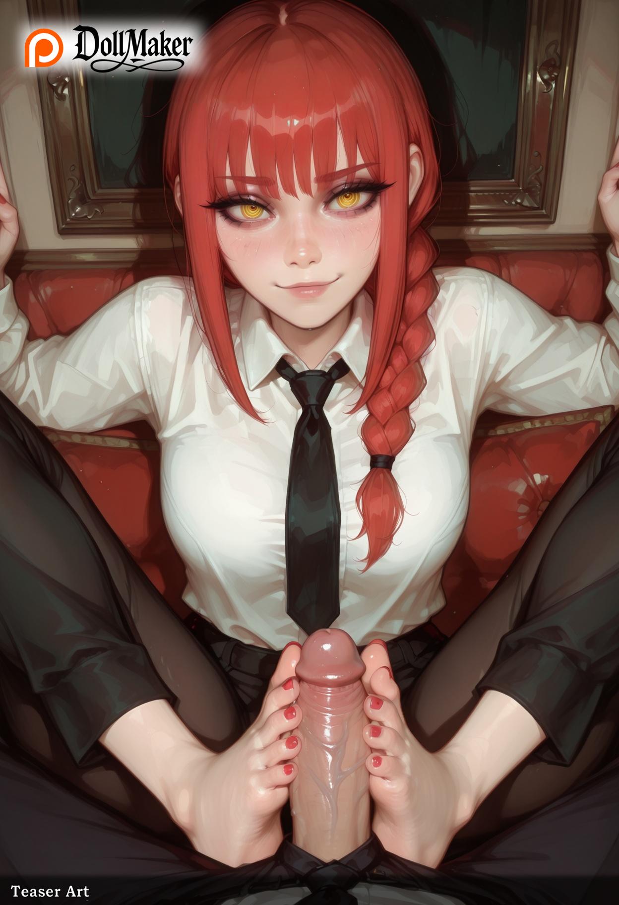 2d, ai generated, bangs, barefoot, black necktie, black pants, braid, braided ponytail, breasts, chainsaw man, dollmaker, dollmaker (artist), feet, female, fingernails, footjob, formal, long hair, long sleeves, looking at viewer, makima (chainsaw man), male, medium breasts, nail polish, necktie, office lady, pants, patreon logo, patreon username, penis, pink nails, pov, red nails, ringed eyes, shirt, sitting, smile, solo focus, straight, suit, tagme, toenail polish, toenails, toes, two-footed footjob, watermark, web address, yellow eyes