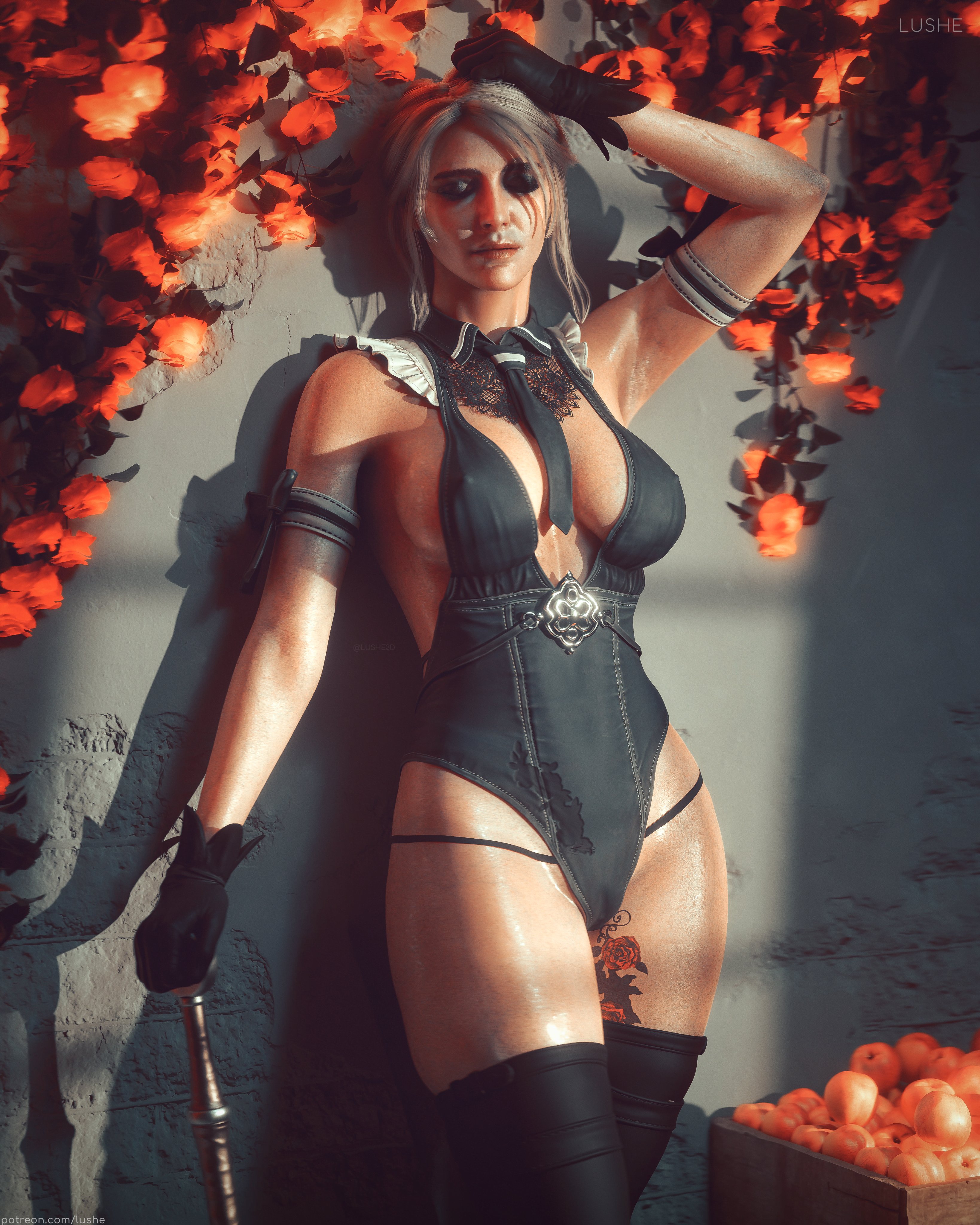 3d, armpits, black gloves, breasts, cameltoe, cd projekt red, ciri, closed eyes, clothing, female, freckles, gloves, leather gloves, light-skinned female, lushe3d, mascara, nipples visible through clothing, pussy, scar, solo, solo female, stockings, sword, tattoo, the witcher (series), the witcher 3: wild hunt, thong, tie, white hair