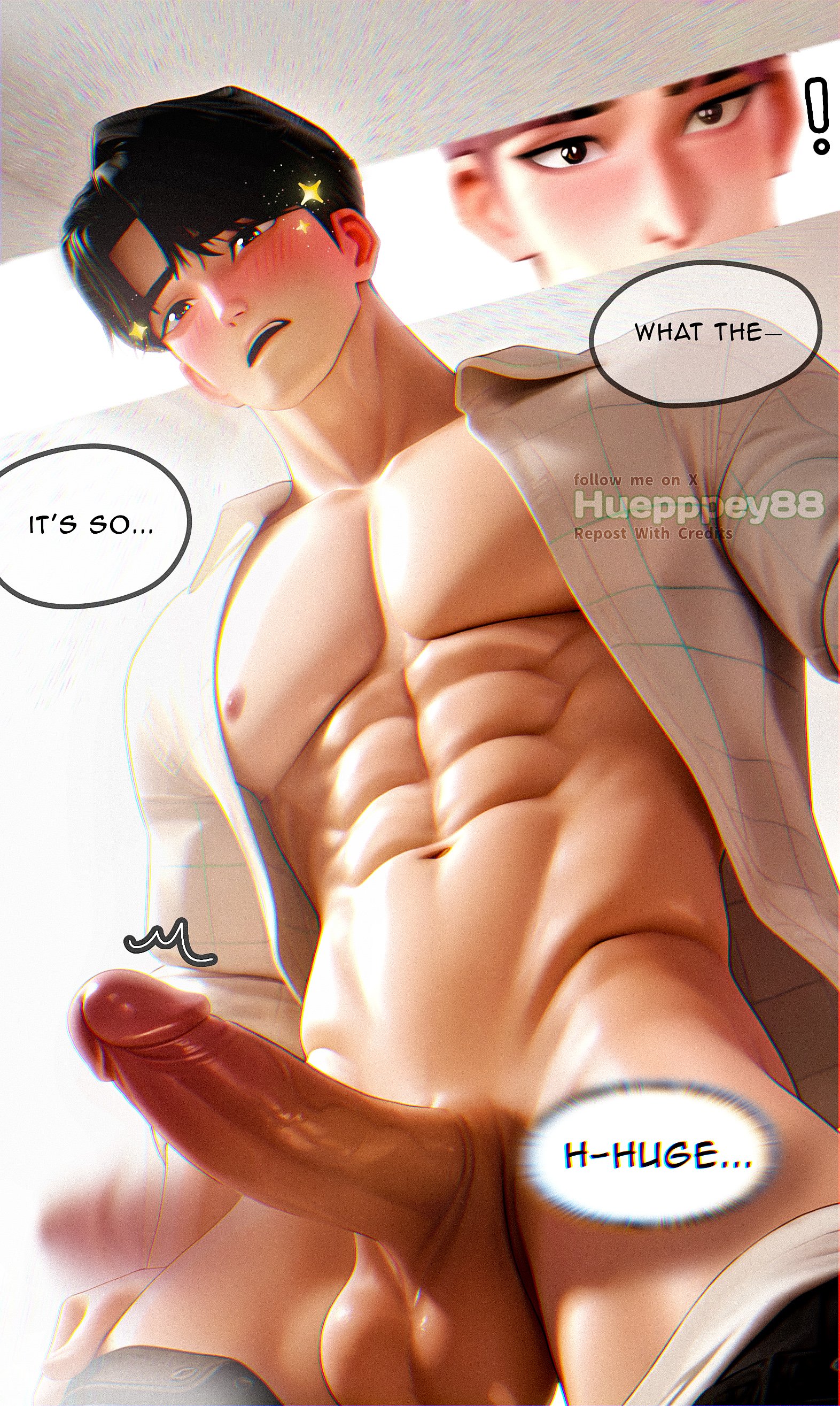 2boys, abby (kpop demon hunters), ai generated, balls, dialogue, erection, gay, huepppey88, jinu (kpop demon hunters), kpop demon hunters, male, male only, male/male, penis, saja boys, testicles, text