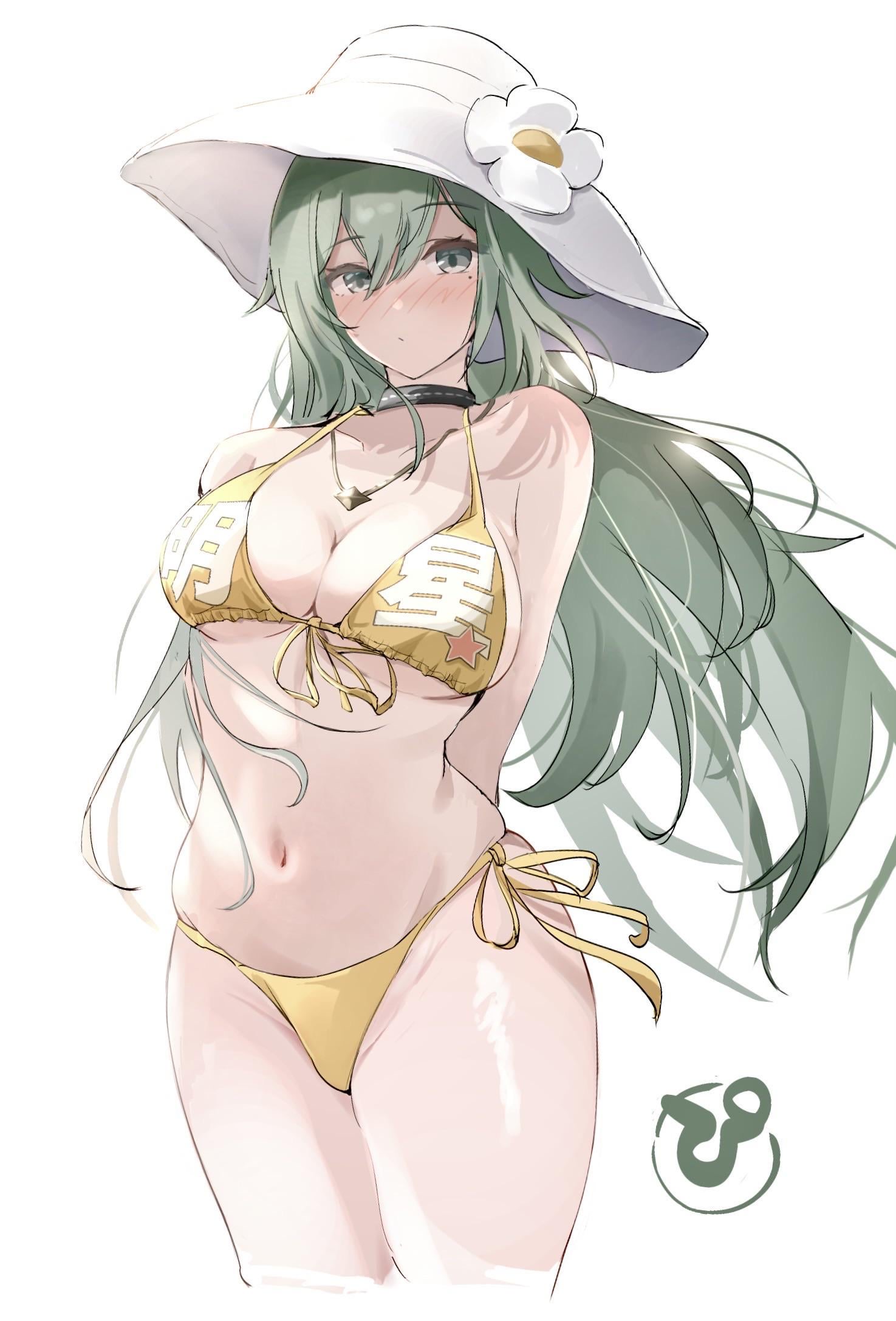 1girls, bikini, bikini bottom, bikini only, bikini top, blush, blushing, blushing female, breasts, chocker, female, female only, green eyes, green hair, green-eyed female, green-haired female, hat, huge breasts, long hair, long-haired female, looking at viewer, milf, npc, npc (zenless zone zero), sole female, sun hat, swimsuit, thick thighs, venus (zenless zone zero), white background, white hat, yellow bikini, yellow bikini bottom, yellow bikini only, yellow bikini top, yellow swimsuit, zenless zone zero