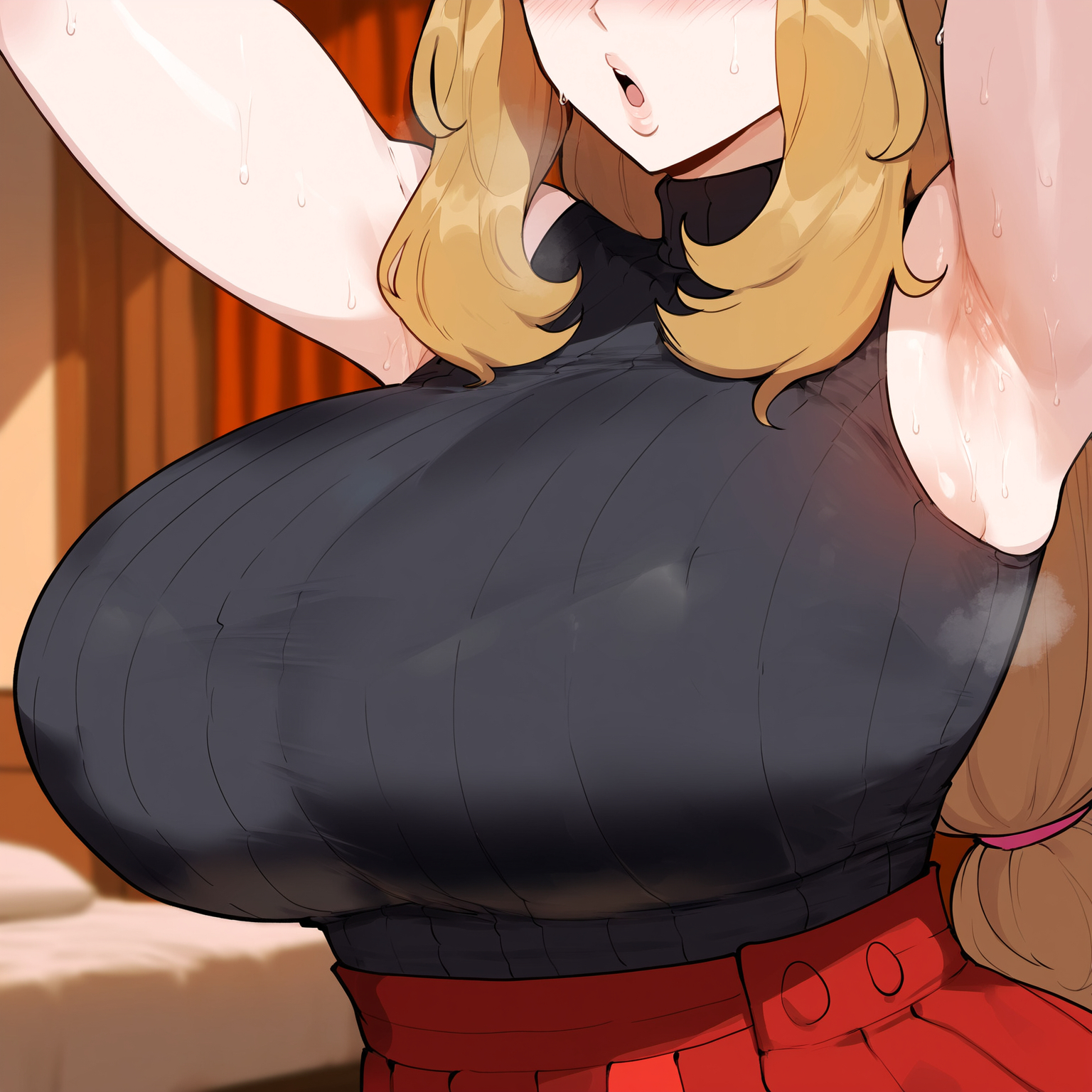 1girls, ai generated, armpit crease, armpits, ass, big breasts, breasts, brown hair, female, female focus, hat, hips, huge ass, huge breasts, juuicyai, large breasts, light-skinned female, long hair, looking at viewer, pokemon, serena (pokemon), sweaty armpits, thick thighs, thighs, wide hips