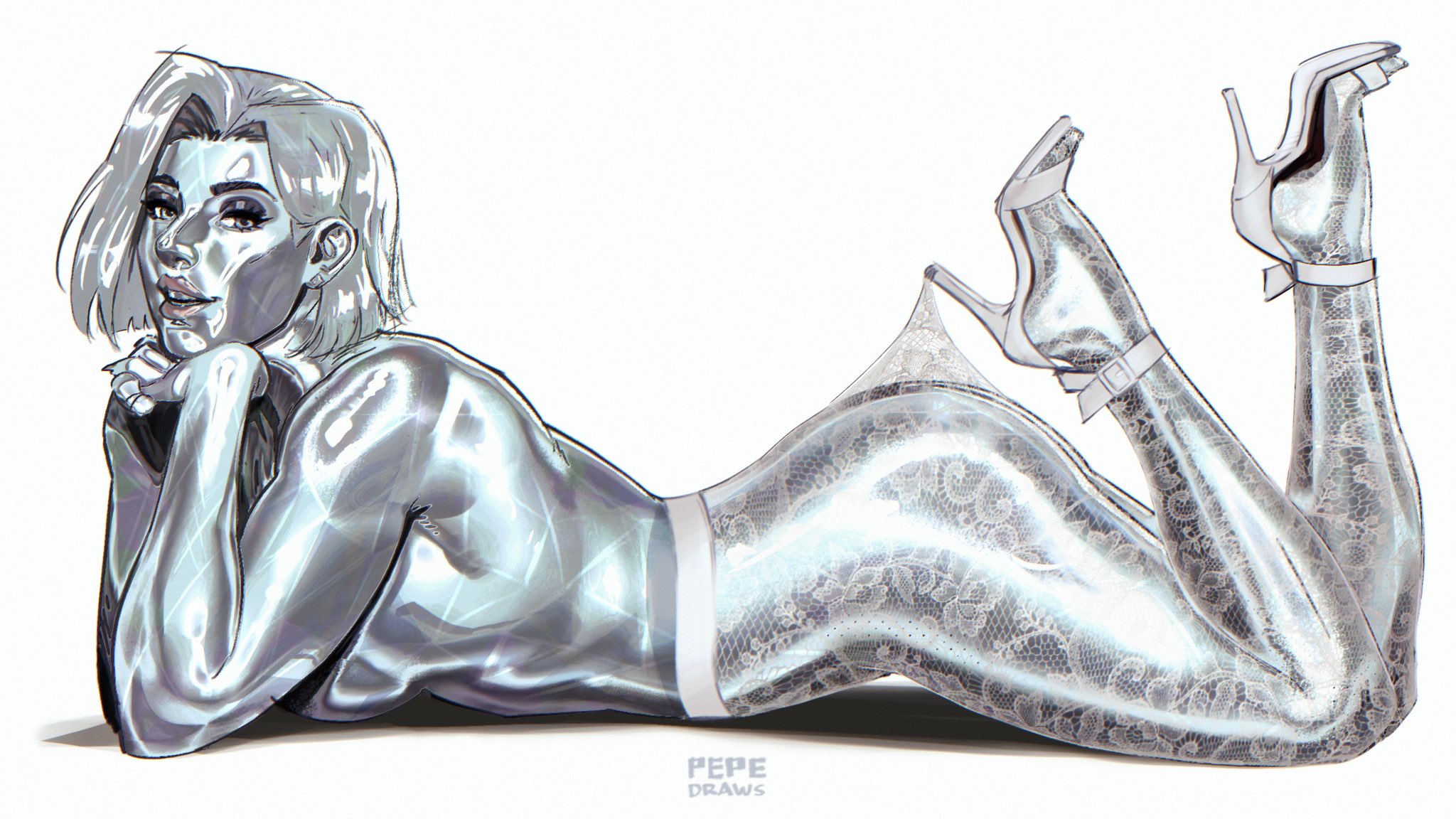 1girls, alternate version available, athletic, athletic female, big breasts, bob cut, breasts, diamond, diamond (gem), diamond form, emma frost, emma frost (diamond form), female, hellfire club, high heels, lace pantyhose hooked on heel (meme), large breasts, light skin, light-skinned female, lipstick, lying, lying on stomach, makeup, marvel, marvel comics, marvel rivals, pantyhose, parted lips, pepedraws, pinup, pinup pose, short hair, sideboob, thick thighs, topless, topless female, white queen, x-men
