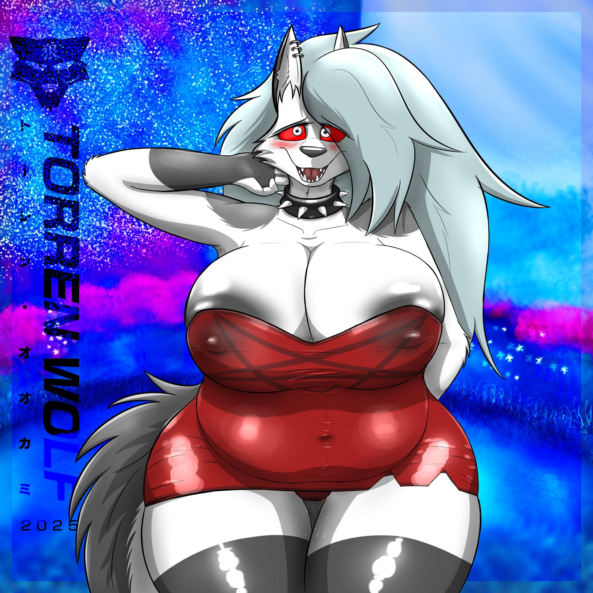 1girls, anthro, big areola, big belly, big breasts, big thighs, blush, blushing, breasts, canine, chubby, demon, demon girl, dress, female, furry, goth, goth girl, hellhound, helluva boss, loona (helluva boss), red sclera, solo, solo female, solo focus, tagme, torren wolf, two-tone body, two-tone fur, two-tone tail, white body, white fur, white pupils, wolf, wolf girl