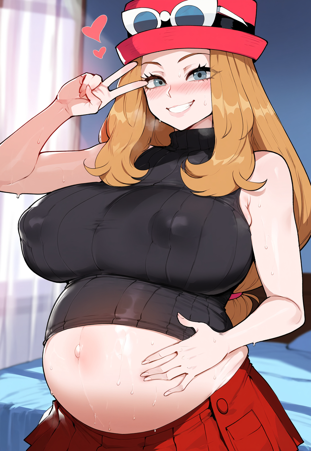 1girls, ai generated, ass, big breasts, breasts, brown hair, female, female focus, hat, hips, huge ass, huge breasts, juuicyai, large breasts, light-skinned female, long hair, looking at viewer, nipples, nipples visible through clothing, peace sign, pokegirl, pokemon, pregnant, pregnant belly, pregnant female, serena (pokemon), thick thighs, thighs, wide hips