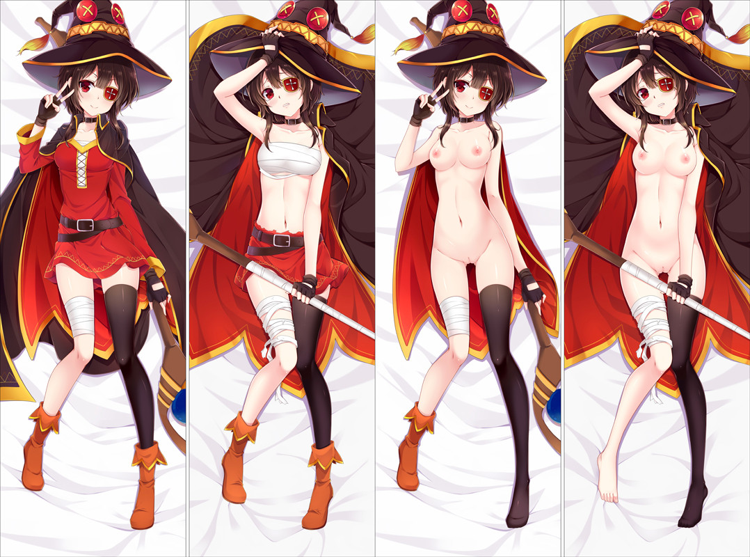 alternate breast size, bakugadou, bandaged leg, bandages, belt, black hair, black legwear, blush, boots, breasts, cape, collar, daki-makura, dakimakura, dakimakura design, dress, eyepatch, female, fingerless gloves, full body, gloves, hat, innie pussy, kono subarashii sekai ni shukufuku wo!, looking at viewer, lying, medium breasts, megumin, multiple views, naked cape, nipples, on back, pussy, red eyes, sarashi, short hair, single thighhigh, smile, staff, thigh gap, thighhighs, torn clothes, torn dress, uncensored, witch hat