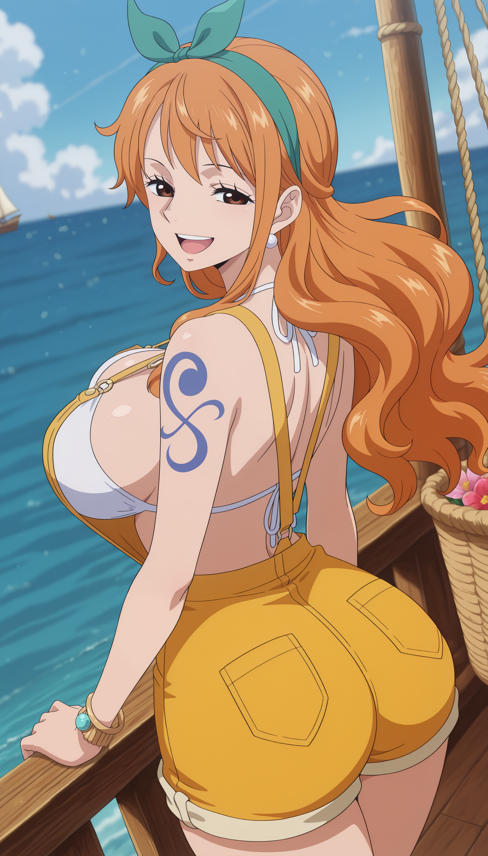 1girls, ai generated, arm tattoo, big ass, big breasts, blue tattoo, breasts, female, female only, meowlucy, nami (one piece), ocean, one piece, orange hair, orange-haired female, pirate, pirate girl, pirate ship, tattoo