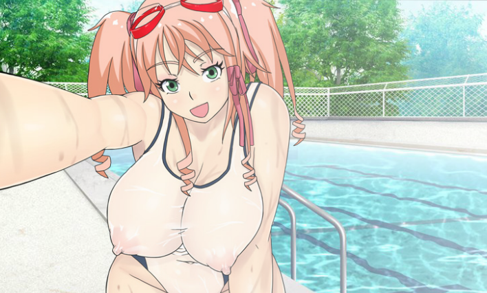 breasts female green_eyes large_breasts maiko_umiya nipples nude orange_hair smile solo spiralvortexplay swimsuit ttrop umichan umichan_maiko_classroom_havoc_(umch)