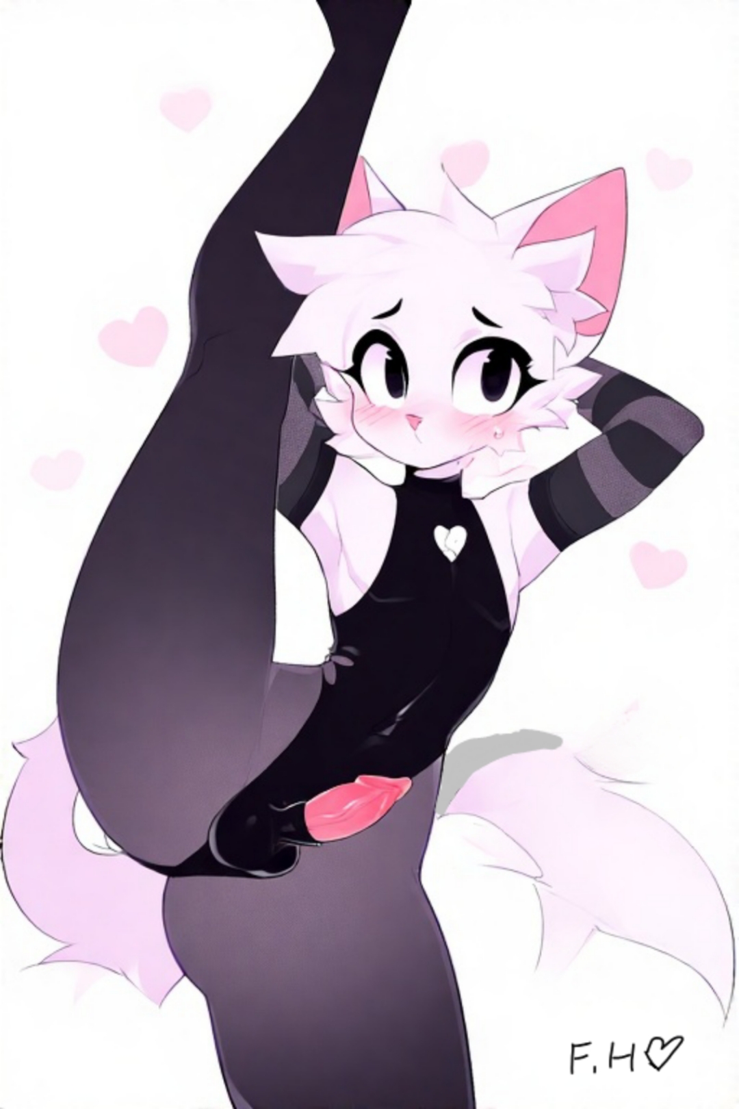 1boy, femboy, furry male, gymnastics, leather clothing, leg, legs up, male, penis, shy, stockings