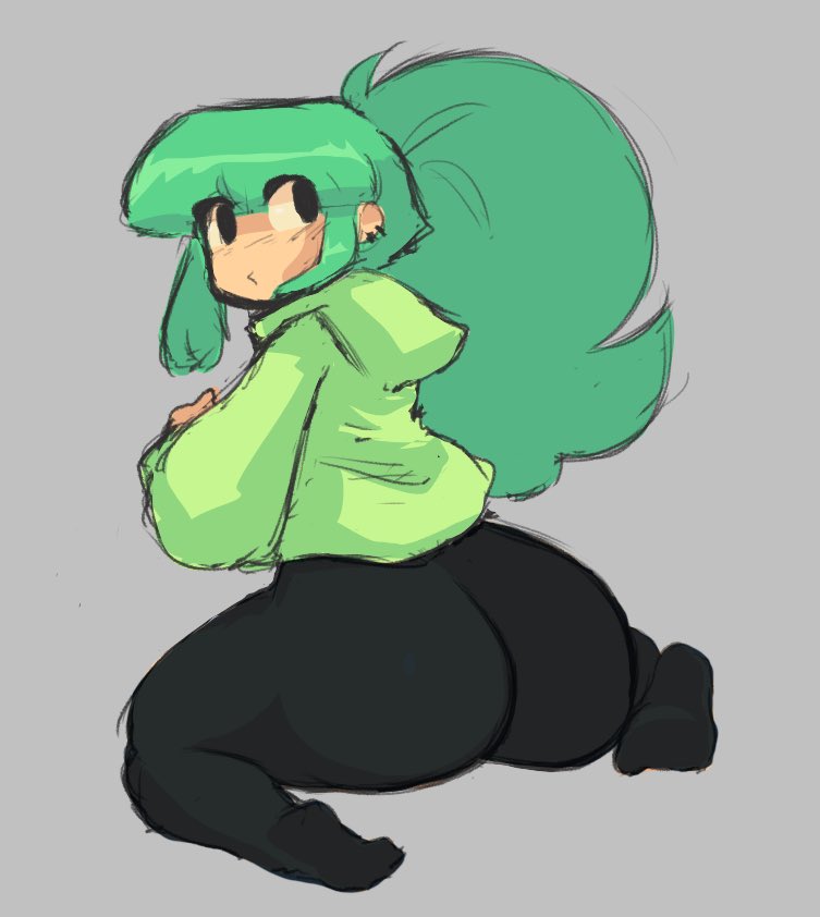 big ass, black legwear, feet, female, female only, gazoogaloo, green hair, hoodie, hyla, leggings, light-skinned female, ponytail, solo, solo female, tight clothing