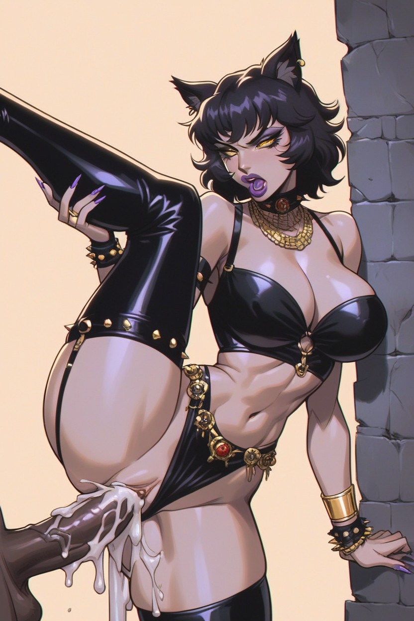 ai generated, alley, alleyway, angry, bimbo, breasts, cat ears, cat girl, catgirl, cum, cum in pussy, cum inside, dark-skinned male, duo, excessive cum, female, kali belladonna, kitty milf, leg up, male, milf, penis, prostitute, prostitution, pussy, rapethewomb (artist), rwby, vaginal penetration