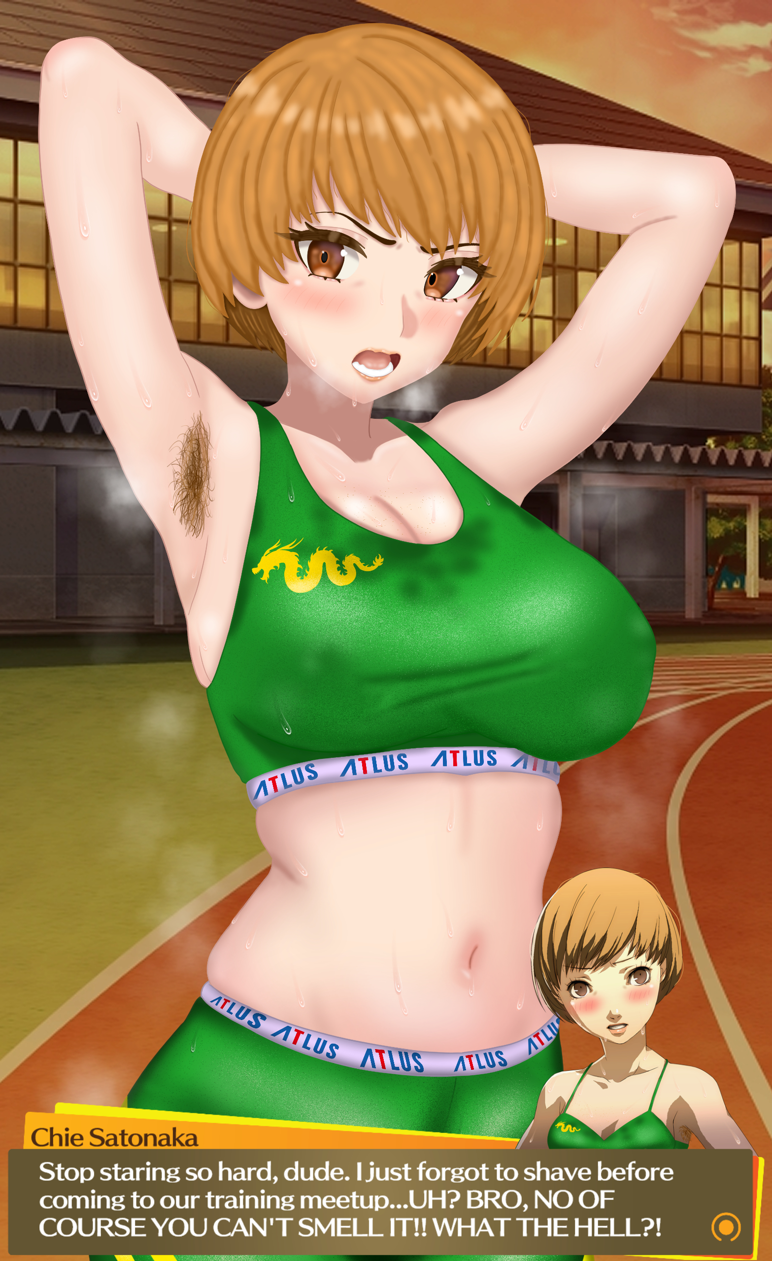 1girls, after exercise, alternate breast size, angry, angry expression, angry eyes, angry face, annoyed, annoyed expression, annoyed face, armpit, armpit crease, armpit fetish, armpit focus, armpit hair, armpit hair peek, armpit peek, armpits, arms behind head, arms up, atlus, bare shoulders, belly, belly button, blush, blushing at viewer, bob cut, body hair, breasts, brown eyes, brown hair, caught staring, character name, character portrait, chat, chat box, chie satonaka, collarbone, cowboy shot, dialogue, dialogue box, disgust, disgusted, disgusted expression, disgusted face, disgusted look, dragon, eddarxart, english, english text, exercise, exercise clothing, female, female only, gameplay mechanics, green leggings, green legwear, green sports bra, heavy breathing, large breasts, leggings, looking at viewer, midriff, navel, open mouth, persona, persona 4, persona 4 the golden, pit hair, portrait, pov, running track, satonaka chie, short hair, short-haired female, skindentation, smell, smelly, smelly armpits, sole female, solo, solo focus, speech bubble, sports, sports bra, sports uniform, sportswear, standing, steaming, steaming body, steaming breath, stink fumes, stinky, stomach, sweat, sweat on face, sweat on stomach, sweat stain, sweatdrop, sweating, sweating female, sweating profusely, sweaty, sweaty body, sweaty clothes, sweaty clothing, talking, talking to viewer, text, thighs, tired, tomboy, tomboyish, toned, toned female, toned stomach, track, track and field, track uniform, training, training bra, translated, underarm hair, very short hair, wet clothes, wet clothing