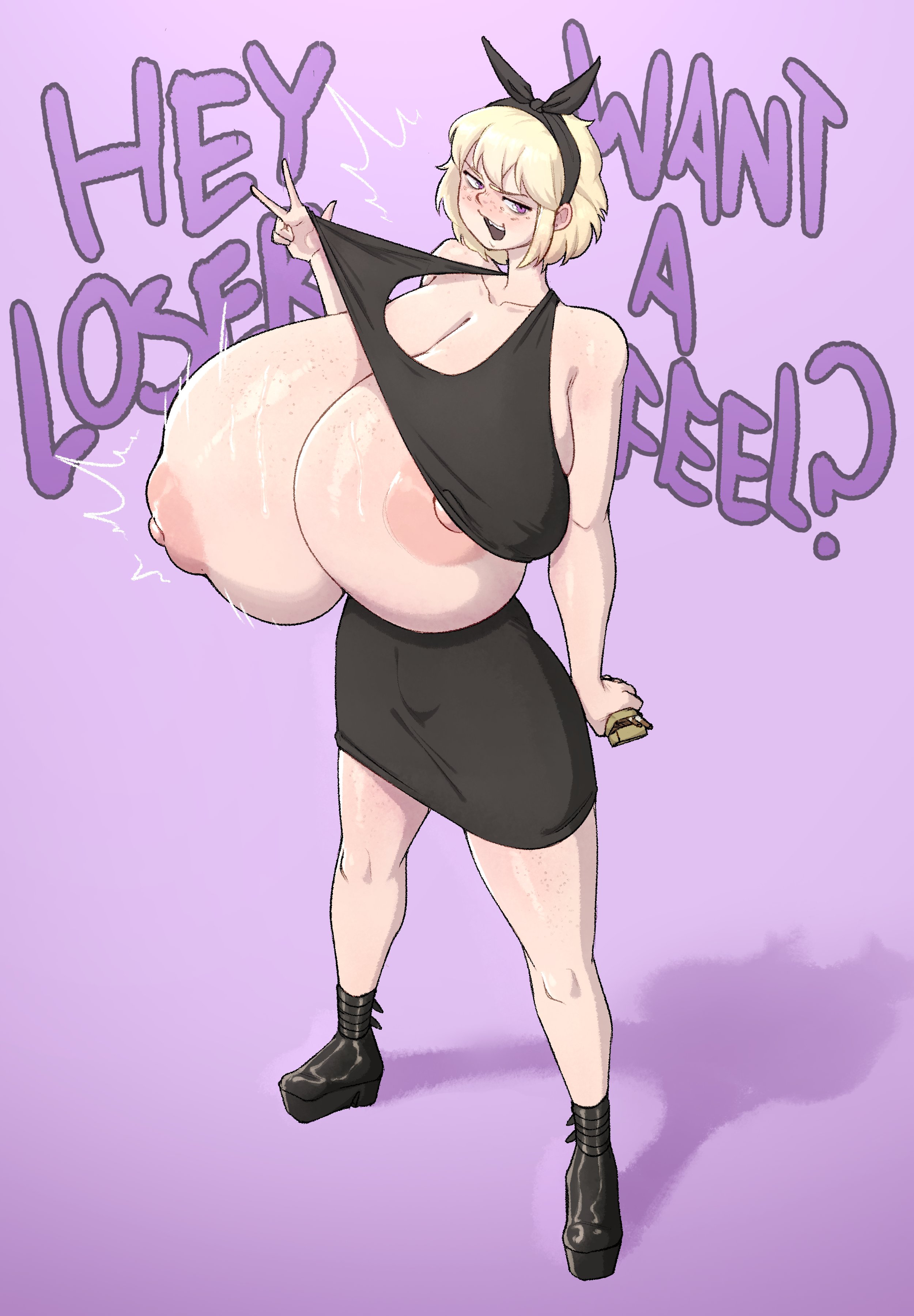 1girls, breasts, dialogue, female, female only, gigantic breasts, huge breasts, human, hyper breasts, massive areolae, massive breasts, propositioning, solo, solo female, sosoni, text, top heavy
