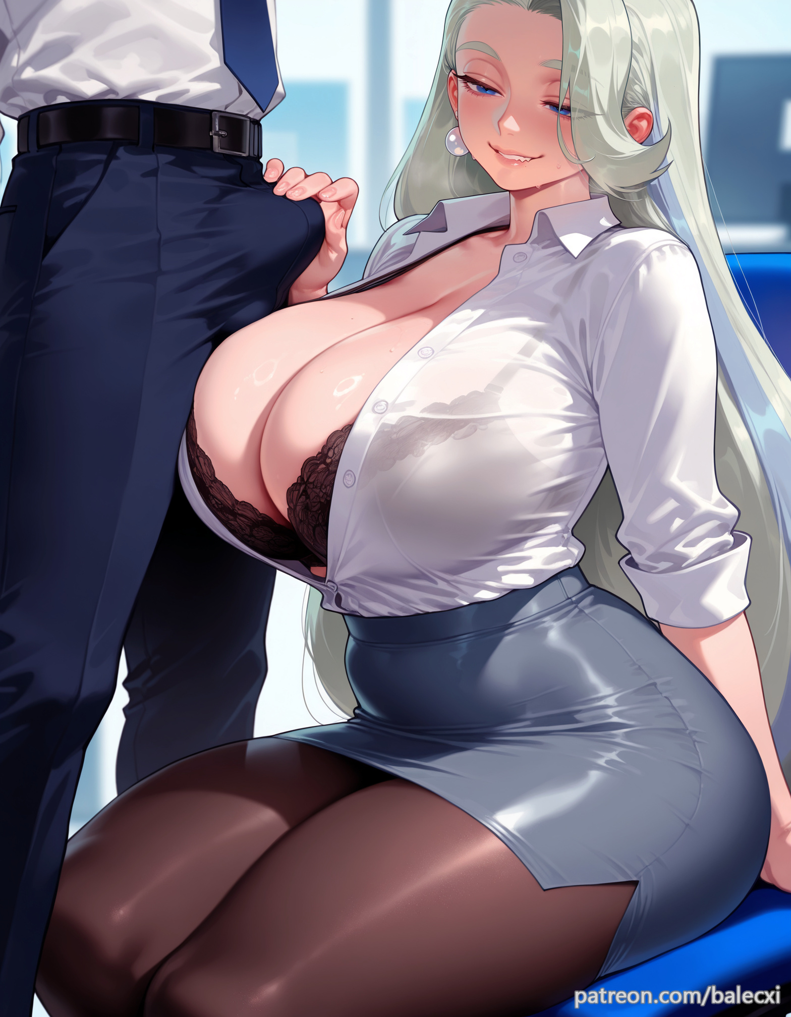 1boy, ai generated, balecxi, black bra, blue eyes, breasts, bulge, collared shirt, earrings, erection, erection under clothes, female, huge breasts, jewelry, long hair, male, mature female, melony (pokemon), necktie, office lady, pants, pantyhose, patreon username, pencil skirt, pokemon, pokemon ss, shirt tucked in, sitting, skirt, smile, straight, thick thighs, underwear, white shirt