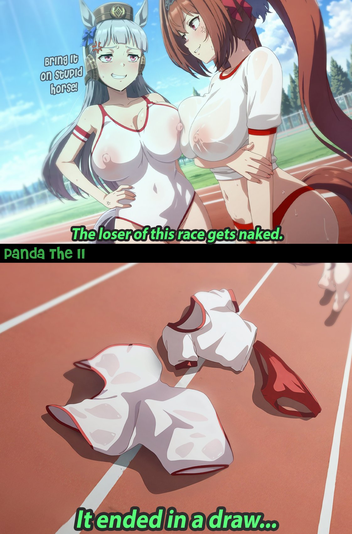 2girls, ai generated, anger vein, animal ears, animal tail, annoyed, annoyed expression, asymmetrical docking, athletic, athletic female, auburn hair, bangs, bloomers, blunt bangs, brown hair, challenge, challenge accepted, challenging, clothes on floor, clothes removed, competition, competitive, daiwa scarlet (umamusume), dialogue, english text, female, female focus, female only, flirting, gold ship (umamusume), gym clothes, gym uniform, horse ears, horse girl, horse tail, humanoid, implied sex, implied yuri, leotard, multiple females, multiple girls, outdoors, outdoors nudity, panda ai, ponytail, provoking, public exposure, public indecency, public nudity, race track, rivalry, running, see-through, see-through clothing, sexually suggestive, shirt, smile, smug, smug expression, smug face, smug grin, speech bubble, sports, suggestive, sweat, sweatdrop, sweating, sweaty, sweaty body, teasing, text, umamusume, umamusume pretty derby, uncensored, unworn clothes, very long hair, wet, wet body, wet shirt, wet skin, white hair, workout clothes