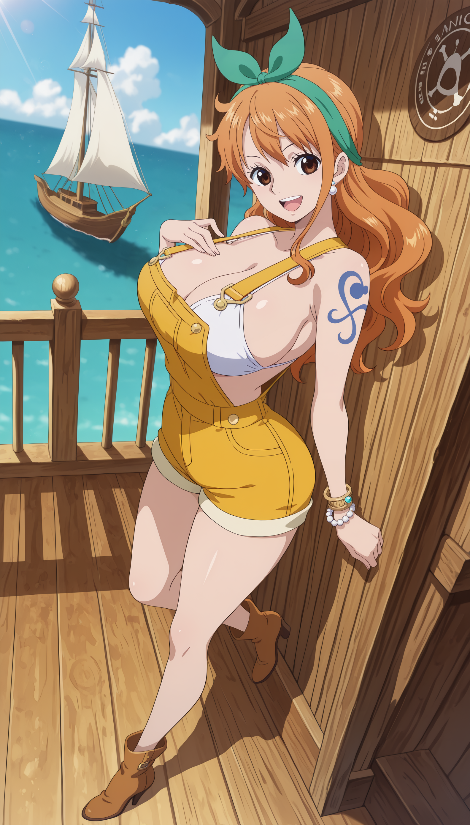 1girls, ai generated, arm tattoo, big ass, big breasts, blue tattoo, breasts, female, female only, meowlucy, nami (one piece), ocean, one piece, orange hair, orange-haired female, pirate, pirate girl, pirate ship, standing, tattoo