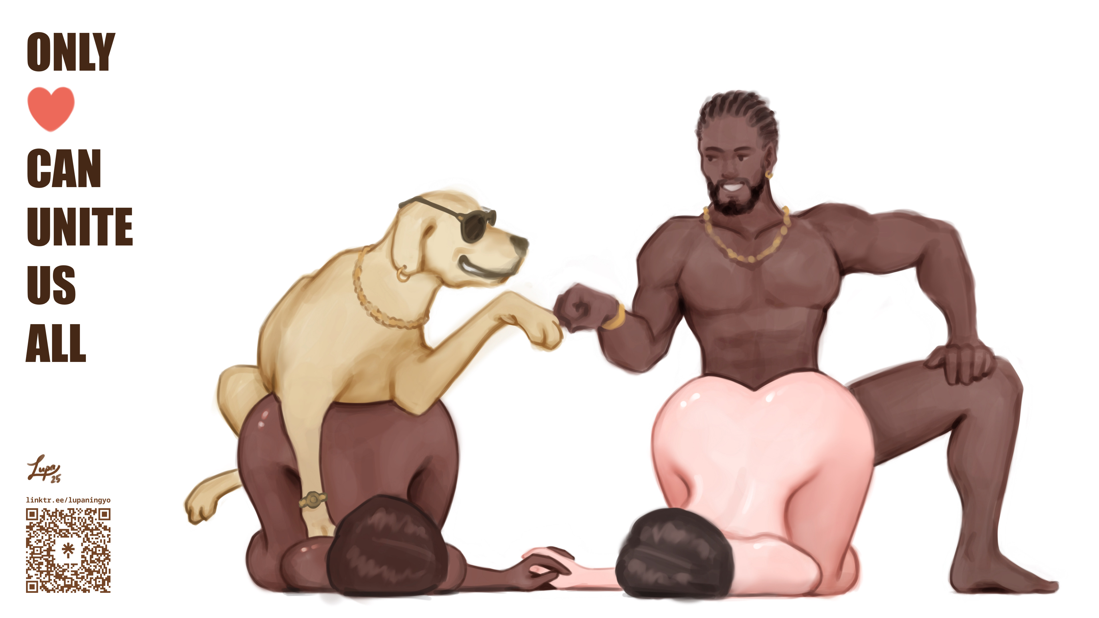1boys, 2girls, bestiality, black male, canid, canine, canis, child bearing hips, dark-skinned male, dog, doggy style, domestic dog, earrings, female, female on feral, feral, feral male, feral on female, feral on human, fist bump, furry, gold chain, gold jewelry, golden retriever, haplorhine, hips, holding hands, human female, interracial, interspecies, interspecies impregnation, literal doggy style, lupaningyo, male, male canine, mammal, muscular, muscular male, qr code, shades, signature, simple background, sunglasses, thick thighs, white background, white woman, zoophilia