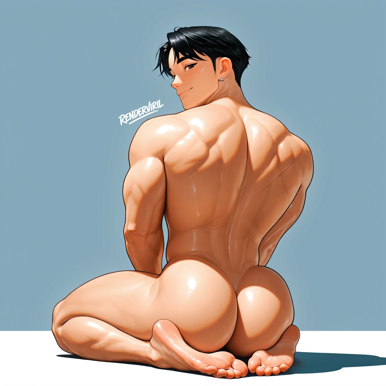1boy, ai generated, alerastheria, ass, ass focus, big ass, jinu (kpop demon hunters), kpop demon hunters, looking back, male, male only, nude, nude male, renderviril, saja boys, solo