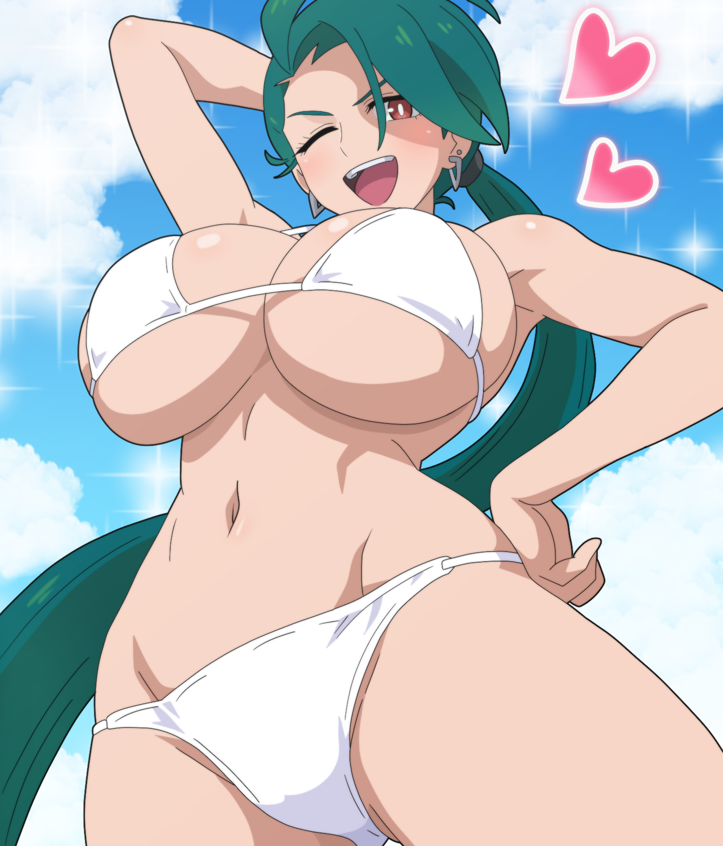 1girls, alternate breast size, alternate version available, big breasts, bikini, bikini bottom, bikini top, bottomwear, breasts, cleavage, ear piercing, earrings, female, female only, game freak, green hair, hair, hand behind head, heart, hi res, hips, hitokiwa kenchin, huge breasts, one eye closed, open mouth, pokemon, pokemon sv, ponytail, red eyes, rika (pokemon), smile, solo, solo female, sparkles, swimwear, tied hair, tomboy, topwear, white bikini, wink, winking