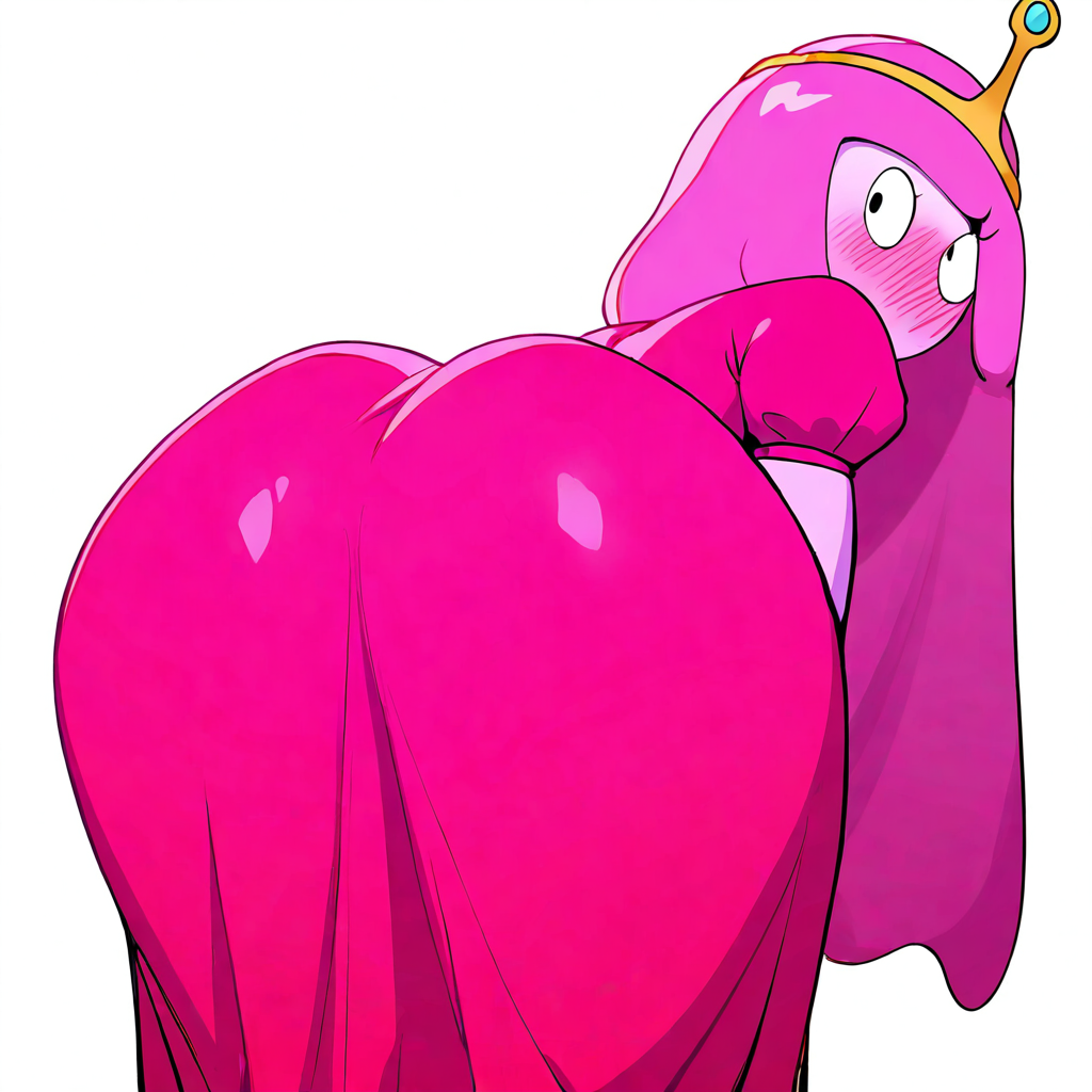 adventure time, ai generated, bent over, cartoon network, dress, ella-ai, female, from behind, pink hair, princess, princess bubblegum, solo