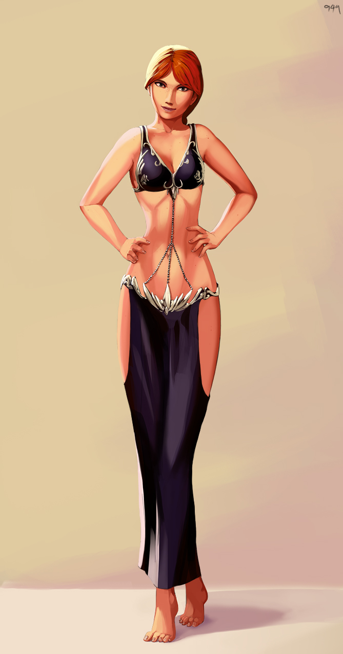 aka6, blue eyes, breasts, curvy, dress, female, hands on hips, red hair, smile