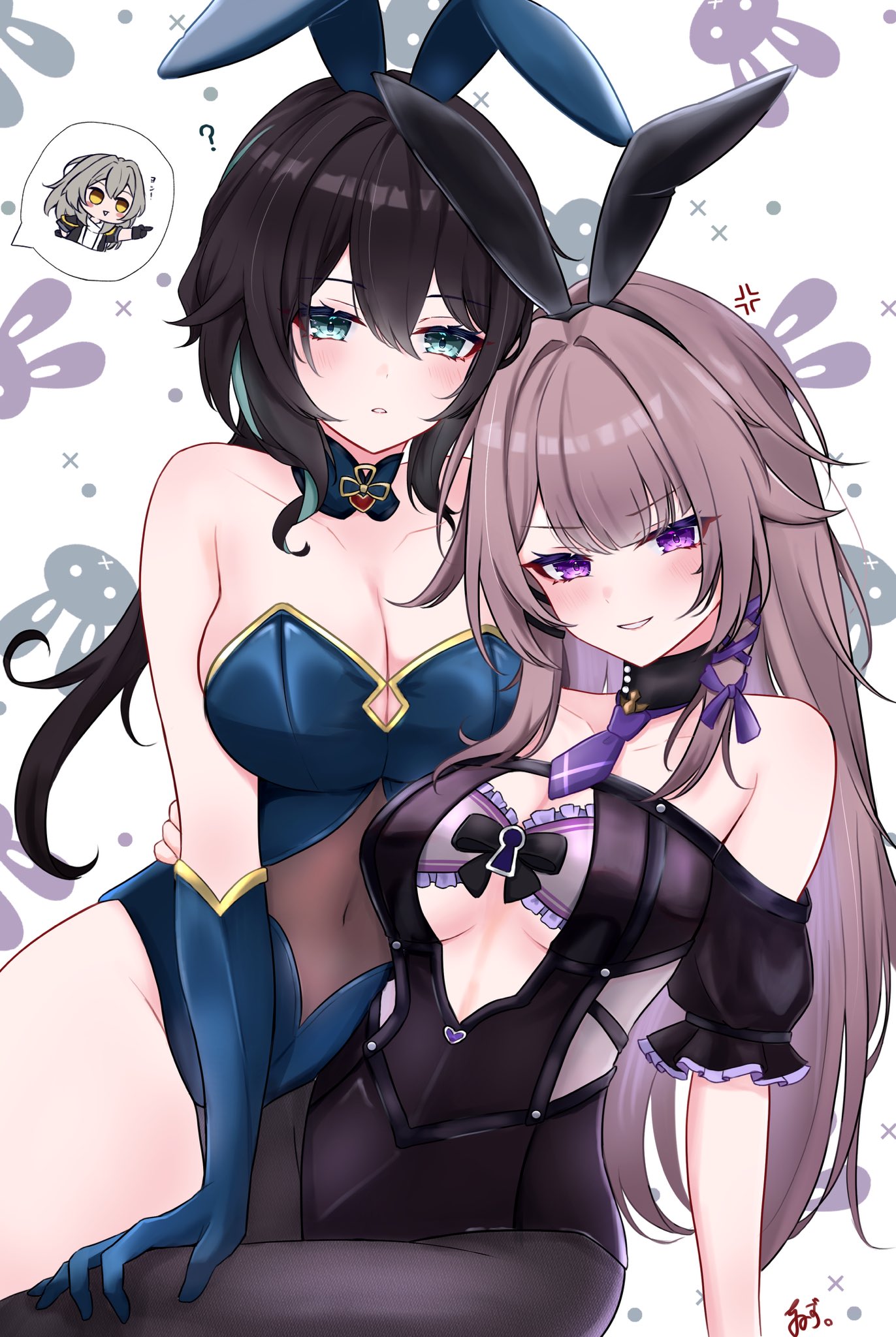 2girls, black bunnysuit, black hair, blush, brown hair, bunny ears, bunnysuit, female, green bunnysuit, green eyes, high resolution, honkai (series), honkai: star rail, hoyoverse, long hair, mihoyo, purple bra, purple eyes, ruan mei (honkai: star rail), stelle (honkai: star rail), the herta (honkai: star rail), tiizumaru98