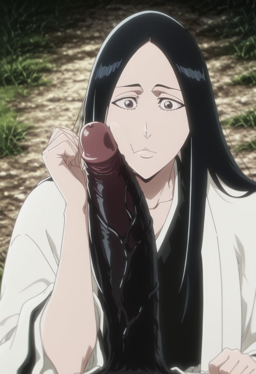 1boy, 1girls, ai generated, big penis, black hair, black penis, bleach, bleach: the thousand-year blood war, dark skin, dark-skinned male, female, forearm cock, haori, kimono, large penis, long hair, looking at penis, male, novaro1337, penis, pov, shocked, shocked expression, unohana retsu, unohana yachiru, veiny penis
