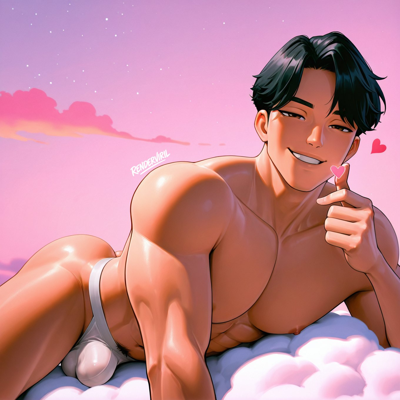 1boy, ai generated, alerastheria, black hair, bulge, bulge through clothing, heart, jinu (kpop demon hunters), kpop demon hunters, looking at viewer, male, male only, mostly nude, mostly nude male, renderviril, saja boys, solo