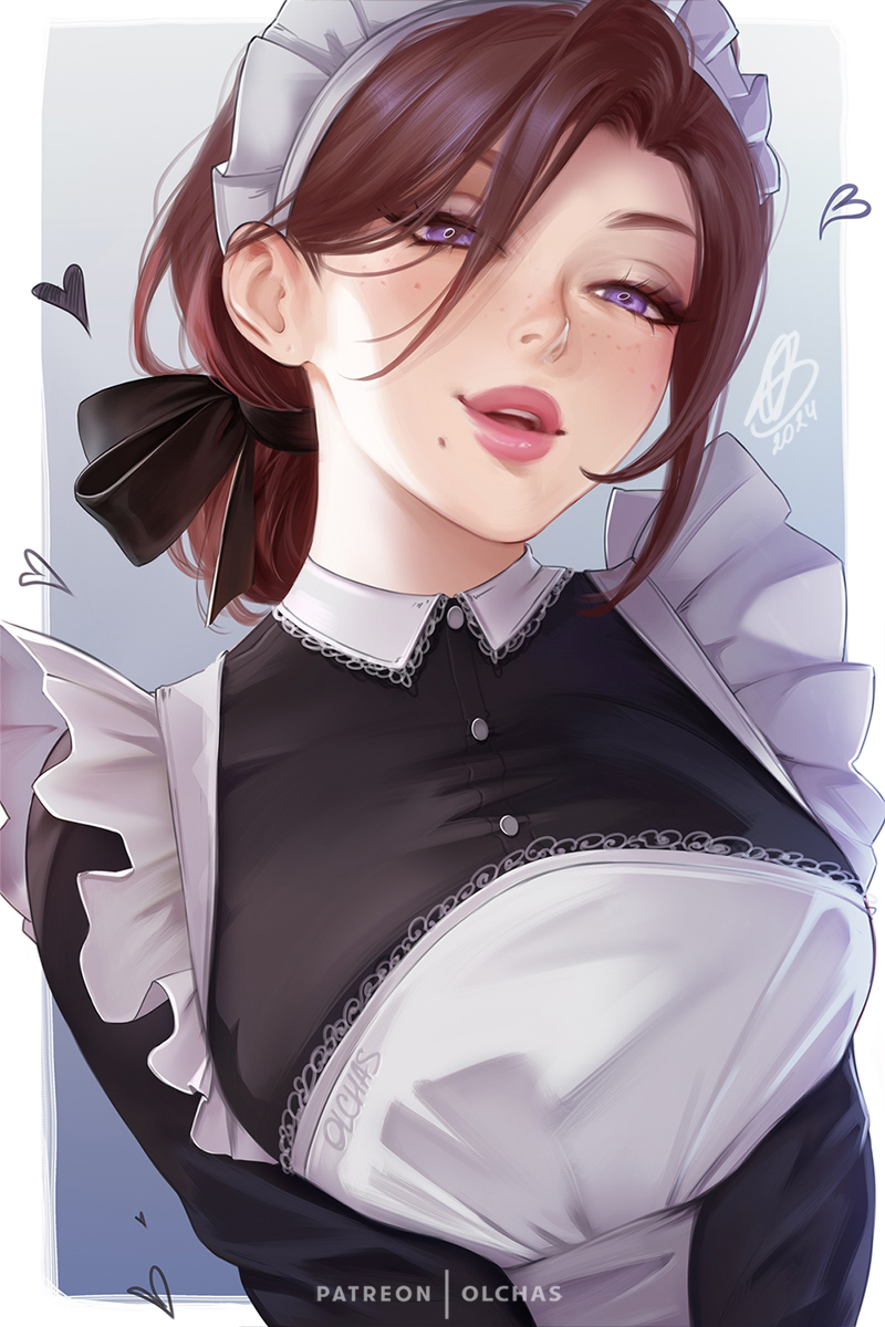 1girls, 2:3, 2024, artist name, artist signature, avalon (olchas), brown hair, dated, female, female only, freckles, heart symbol, lace trim, maid, maid headdress, maid uniform, olchas, open mouth, original character, patreon, purple eyes, short hair, solo, tagme, upper body