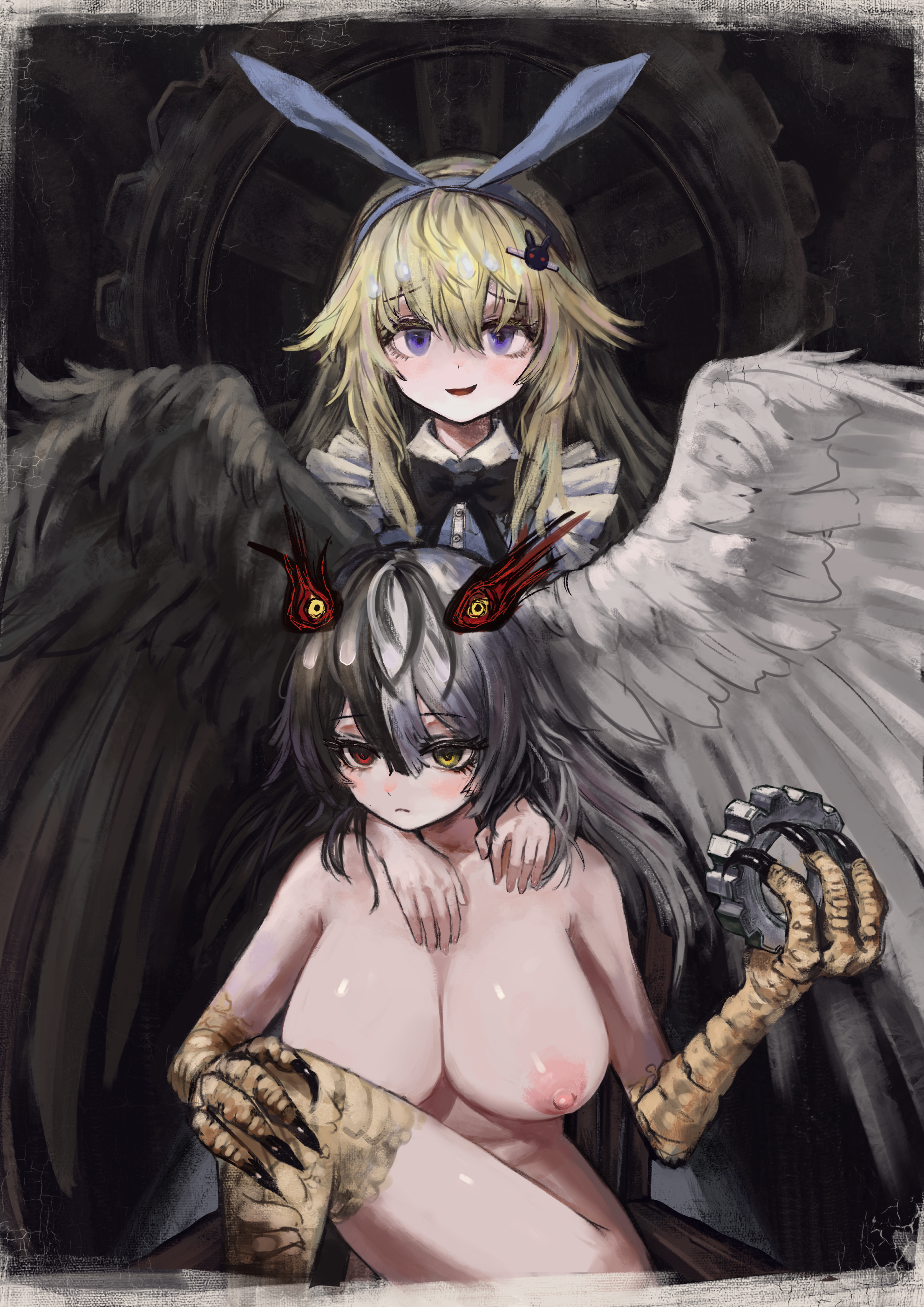 2girls, absurdres, alice (black souls), animal hands, big boobs, big breasts, big tits, bird legs, black bow, black bowtie, black hair, black souls, black souls 2, blonde, blonde female, blonde hair, blonde-haired female, blue eyes, blue hairband, boobs, bow, bowtie, breasts, claws, closed mouth, dress, feathered wings, female, grey hair, hair between eyes, hair ornament, hairband, hairclip, half-harpy, head wings, heterochromia, highres, holding, huge boobs, huge breast, huge tits, jubjub (black souls), large boobs, large breasts, large tits, long hair, looking at viewer, massive boobs, massive breasts, massive tits, monster girl, multicolored hair, multiple females, multiple girls, nipples, no bra, no clothes, nude, nude female, parted lips, red eyes, ropeperson, smile, split-color hair, tits, two-tone hair, wings, yellow eyes