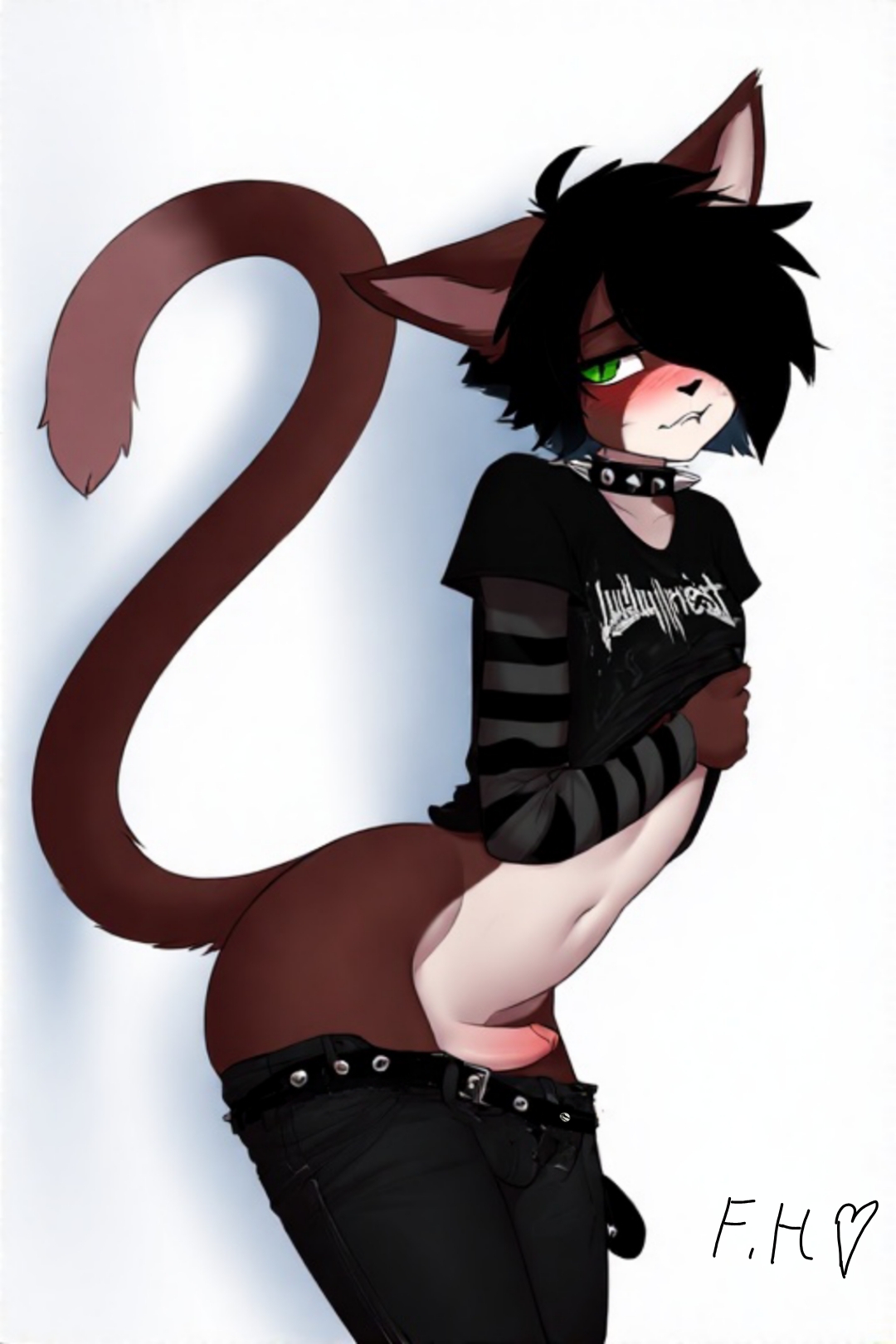 1boy, bite lip, black hair, emo, emo fashion, femboy, furry male, male, penis, shy