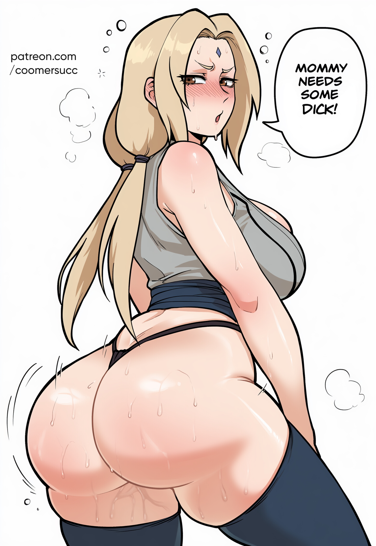 1girls, ai generated, ass, ass focus, bare shoulders, blonde hair, blush, breasts, coomersucc, facial mark, female, female only, forehead mark, huge ass, huge breasts, large breasts, light-skinned female, long hair, looking at viewer, looking back, naruto, naruto (series), panties, shirt, sleeveless, solo, sweat, thighhighs, thong, tsunade, underwear