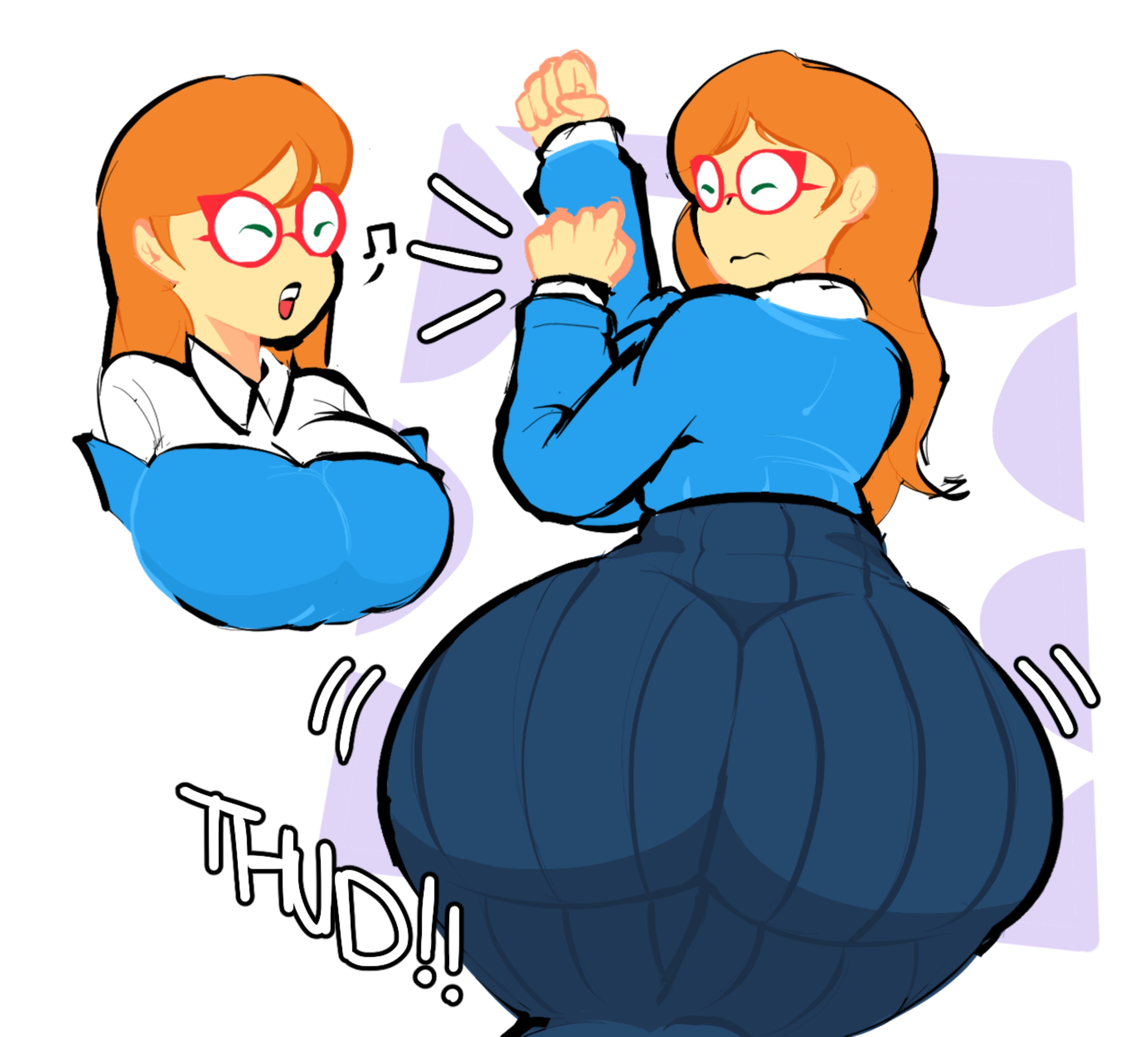 1girls, ass, ass shot, back, back view, backboob, big ass, blue dress, blue shirt, bottomwear, breasts, brown hair, close-up, clothed, clothing, dress, english, english text, eyewear, fallen down, female, female only, gungaporno, hair, huge ass, kindergarten (game), kindergarten 3, large ass, long hair, looking back, mature, mature female, motion lines, ms. lovelett, musical note, onomatopoeia, red glasses, shirt, solo, solo female, teacher, teacher outfit, text, topwear