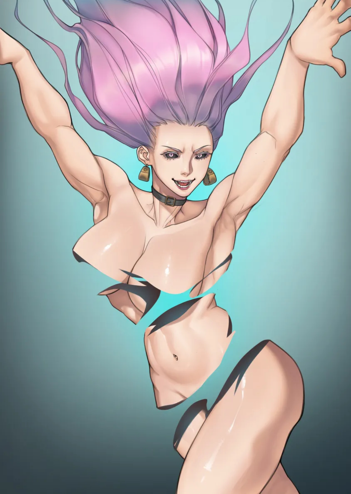 armpit crease, armpits, arms up, belly, big thighs, black sclera, completely nude female, convenient censoring, female, female focus, female only, fully naked, hips, jujutsu kaisen, looking, looking at viewer, medium breasts, midriff, pale-skinned female, pink hair, posing, posing for the viewer, seductive look, seductive smile, sexy, sexy body, sexy pose, solo, solo female, solo focus, thick thighs, tummy, uro takako, watamelonw, wide hips, wide thighs