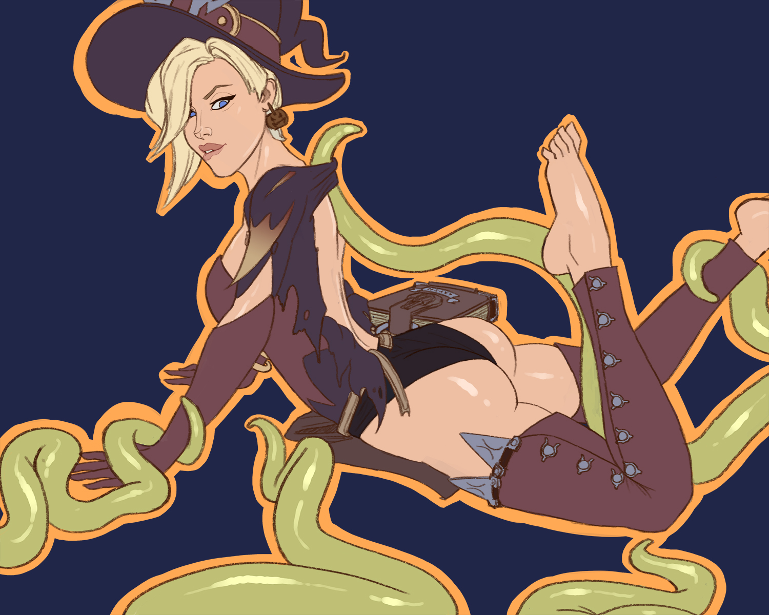 1girls, 2016, alternate costume, ass, barefoot, blizzard entertainment, blonde hair, blue eyes, consentacles, feet, female, halloween, halloween terror series, imminent tentacle sex, kataaoyoc, mercy, overwatch, overwatch 2, panties, stripped by tentacles, tentacle, tentacle around arm, tentacle around leg, toes, torn clothes, witch, witch hat, witch mercy
