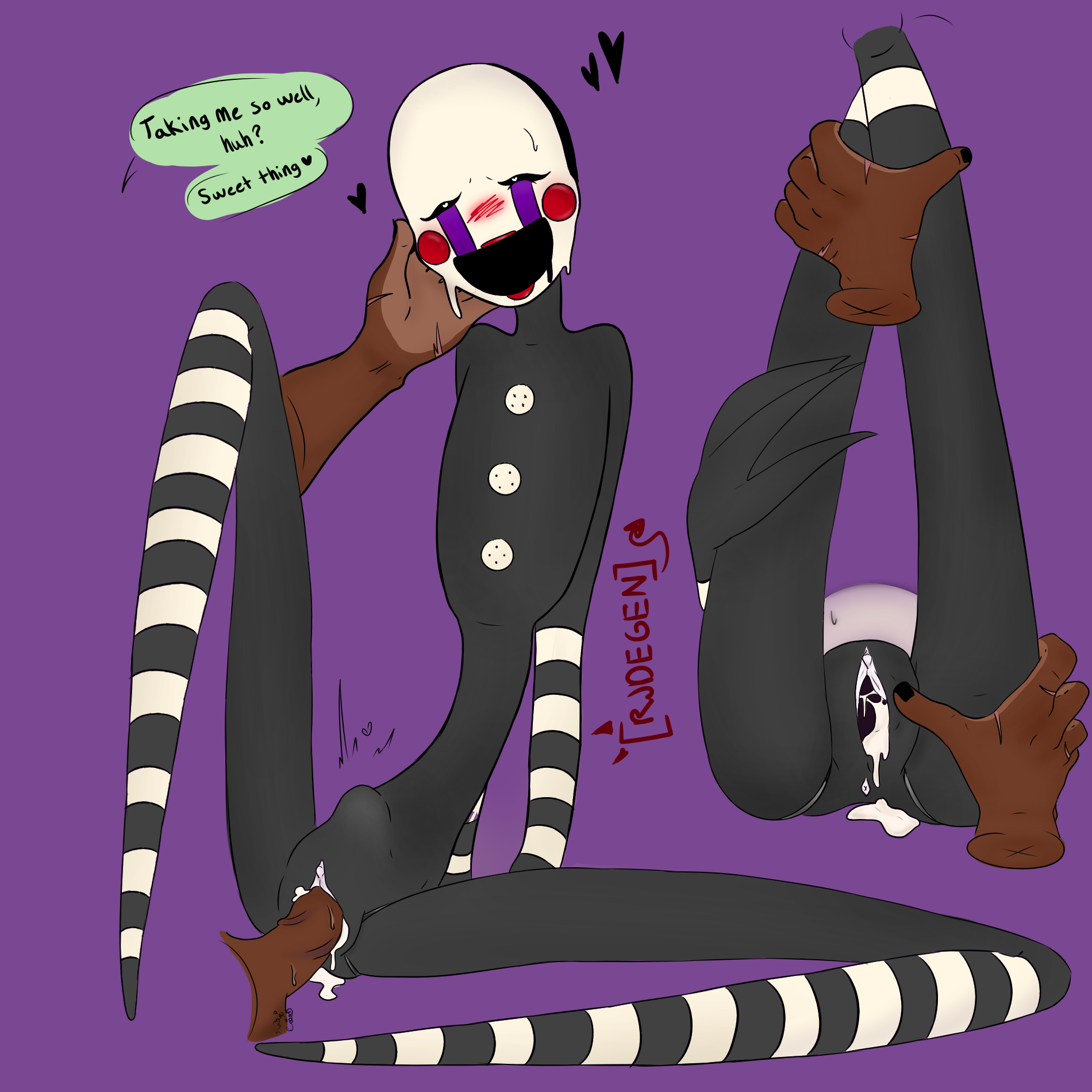 3 fingers, accurate body type, accurate proportions, ambiguous gender, animatronic, belly bulge, black eyes, blush, classic fnaf 2 marionette, classic fnaf 2 puppet, confused, dazed, digital drawing (artwork), five nights at freddy's, five nights at freddy's 2, floating hands, humanoid, marionette (fnaf), no legs, oc x canon, painted nails, praise, puppet (fnaf), pussy, question mark, rjdegen, robot humanoid, robot on human, smiling, speech bubble, spilling cum, spread legs, spread pussy, striped arms, striped legs, sweatdrop, thin waist, watermark, white pupils