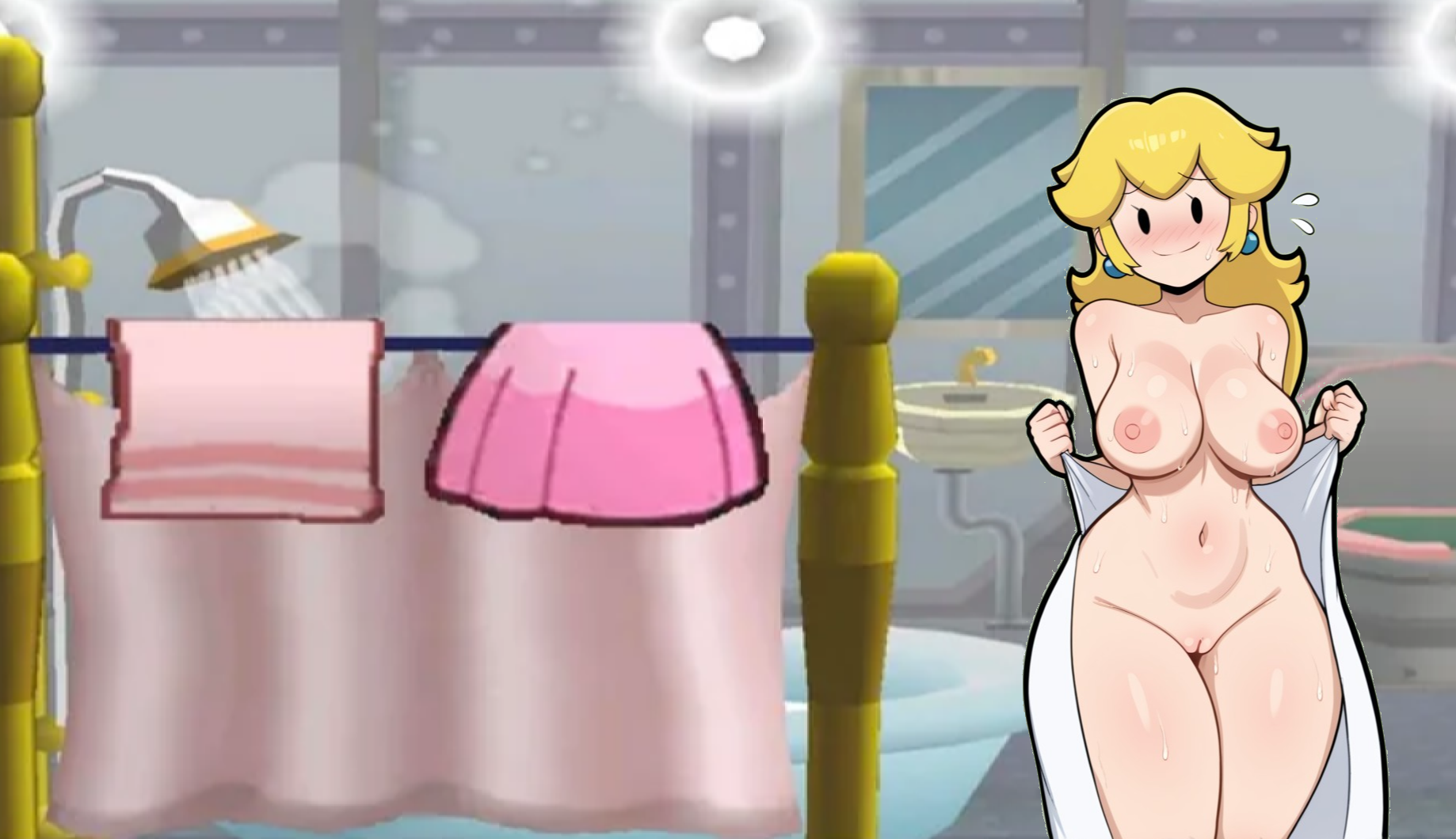 ai generated, blush, breasts, dress, embarrassed, exhibitionism, exposed breasts, exposed pussy, female, hamburgerjoy, mario (series), open towel, paper mario, paper mario: the thousand-year door, paper peach, princess, princess peach, pussy, shower, smiling, sweat, sweatdrop, towel, towel only, video game background, wet, wet body