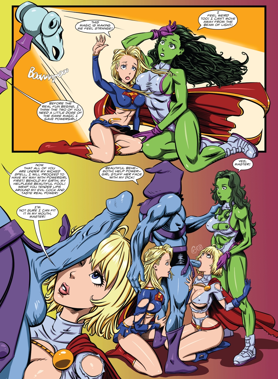1boy, 3girls, avengers, big breasts, blowjob, boots, breasts, cleavage, crossover, dc, dc comics, dialogue, erect penis, erection, fellatio, female, green skin, hulk (series), human, humanoid, kara zor-el, kara zor-l, leotard, male, male/female, marvel, marvel comics, masters of the universe, mind control, multiple females, multiple girls, nipple bulge, nipple outline, nipples, oral, penis, pokies, power girl, sex, she-hulk, shoes, skeletor, speech bubble, supergirl, superman (series), tijuanabiblescholar, torn clothes