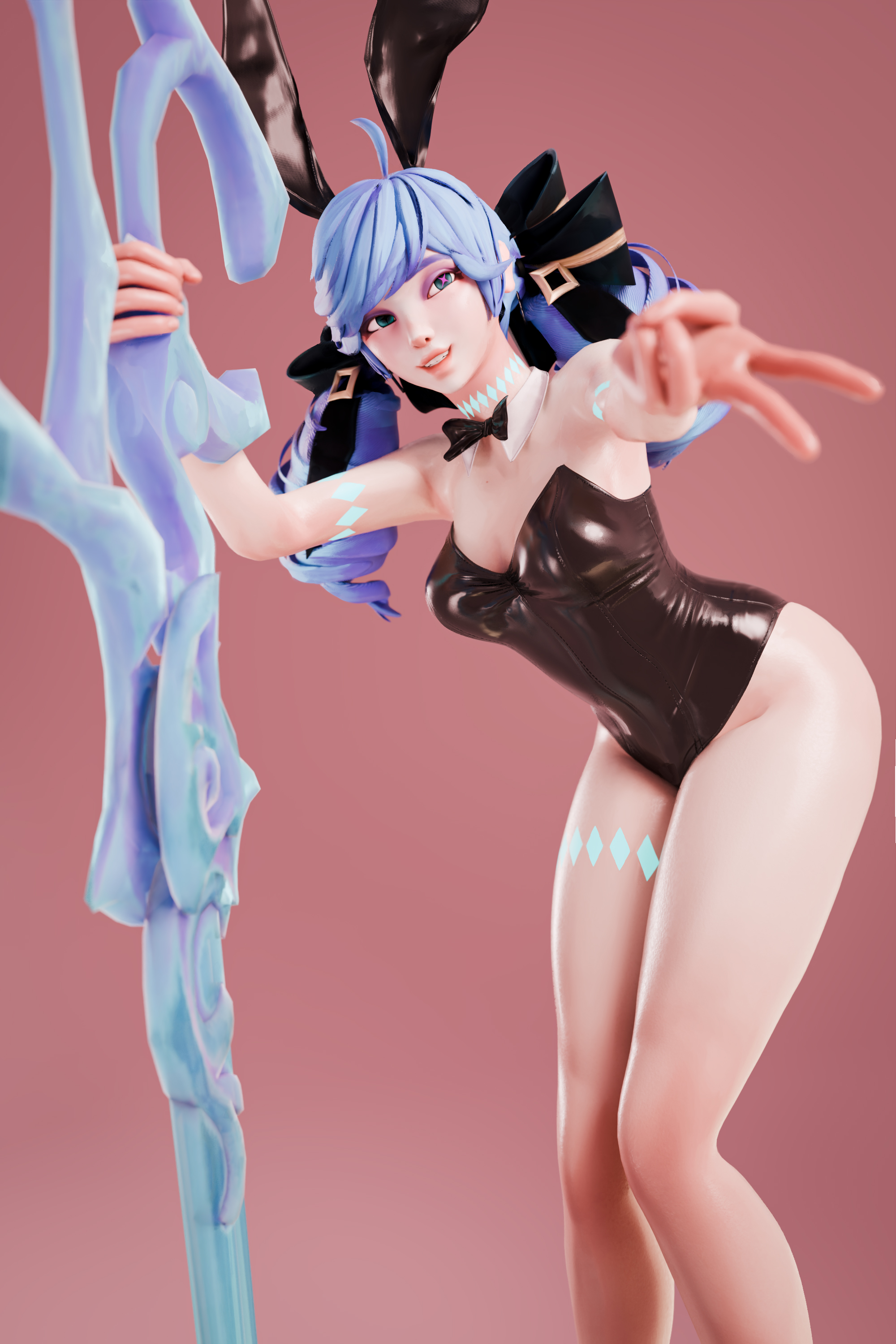 1girls, 3d, 3d (artwork), blue hair, bunnysuit, female, gwen (league of legends), league of legends, riot games, simple background, smile, standing, thighs