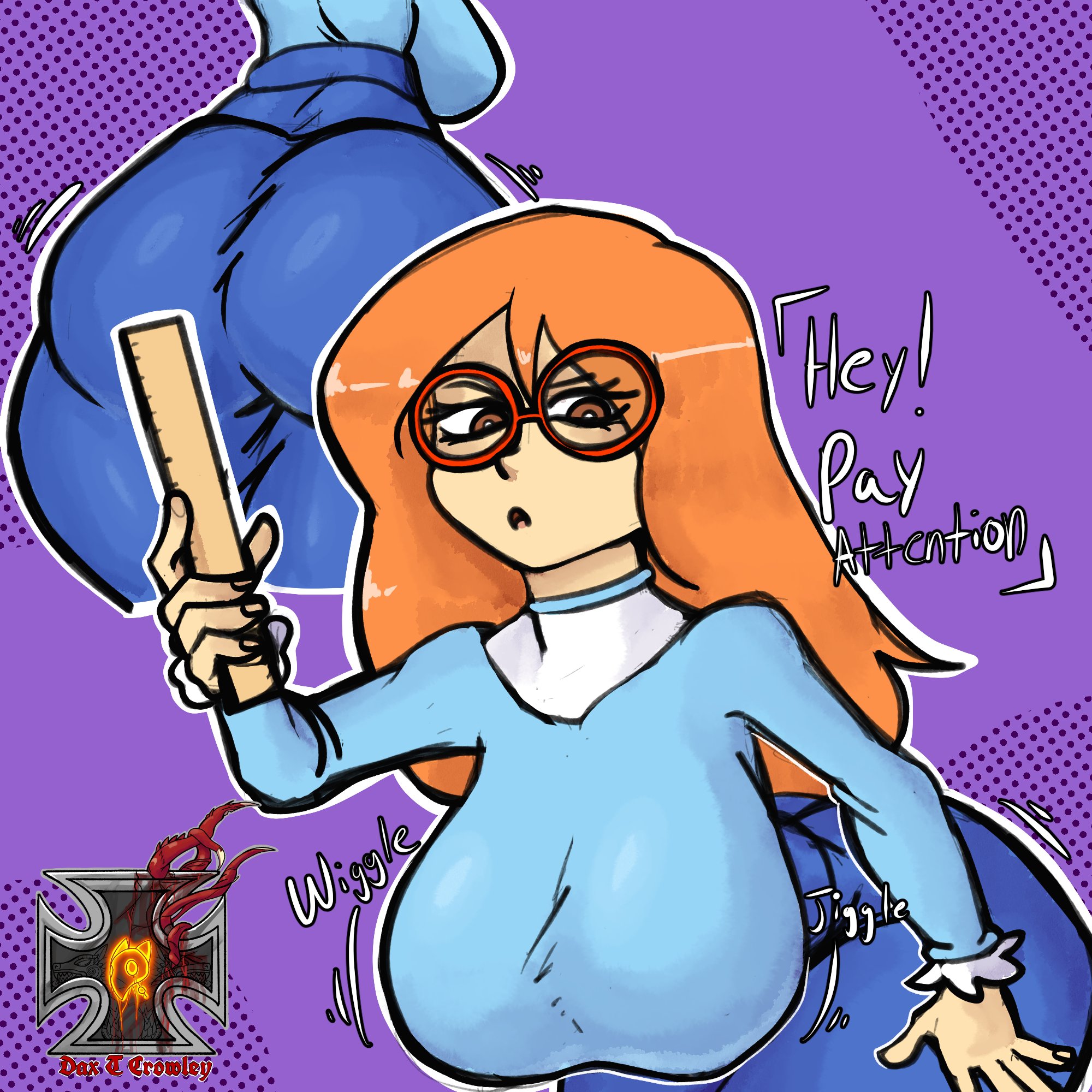 1girls, ass, ass in dress, ass shot, big ass, big breasts, black eyes, blue dress, blue shirt, bottomwear, bouncing breasts, breasts, brown hair, dress, english, english text, eyewear, female, female only, hair, holding object, huge ass, huge breasts, kindergarten (game), kindergarten 3, long hair, mature, mature female, motion lines, ms. lovelett, onomatopoeia, red glasses, rose dax, ruler, shirt, solo, solo female, teacher, teacher outfit, text, topwear