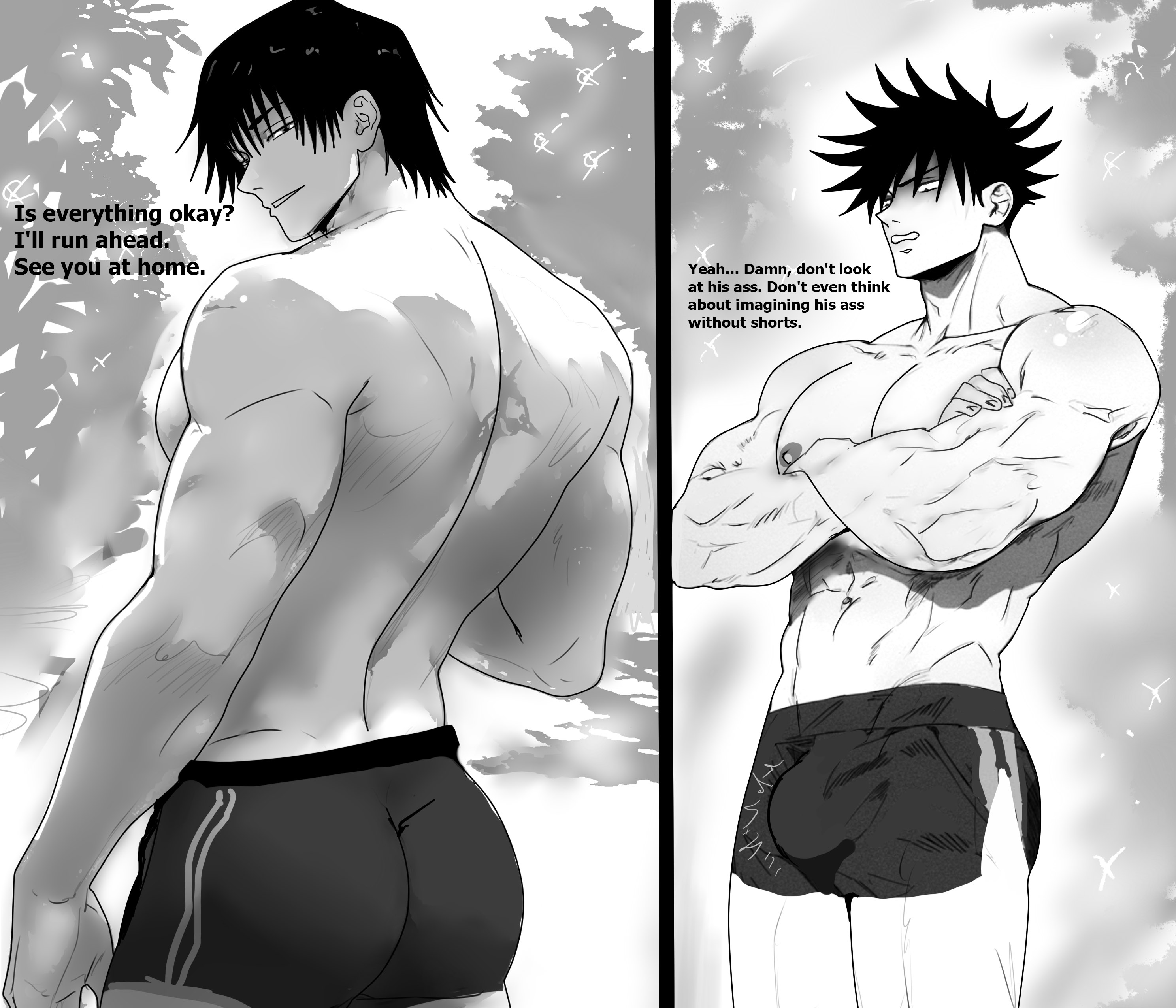 7angelm, bara, father and son, fushiguro megumi, gay, jujutsu kaisen, male, male focus, male only, muscles, muscular, muscular male, toji fushiguro, yaoi
