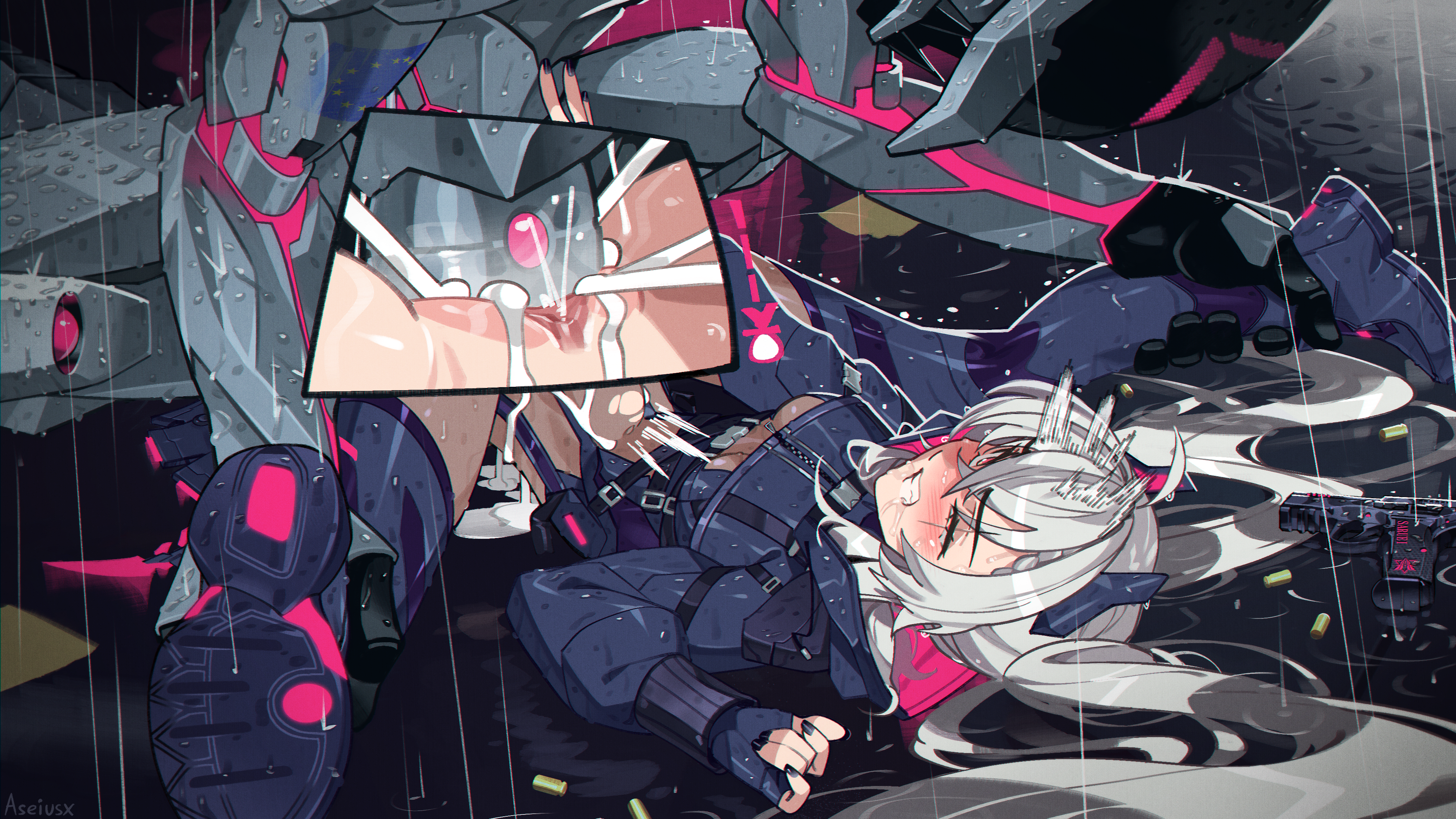 1girls, 1robot, aseiusx, black nail polish, black nails, blush, blushing, clenched teeth, close-up, closed eyes, clothed, clothing, creampie, cum, cum in pussy, cum inside, duo, female, fingerless gloves, folded, gloves, grey hair, gritted teeth, leg grab, legs apart, legs held open, legs spread, light skin, light-skinned female, long hair, lying, lying on back, lying on ground, machine, male, nail polish, nails, nails painted, on back, on ground, one eye closed, orgasm face, outdoor sex, outdoors, outside, outside sex, penetration, penis, penis in pussy, pussy, rain, raining, red eyes, robot, robot penetrating, robot penetrating human, saruei (vtuber), sex, shaved pussy, spread legs, stomach bulge, technophilia, teeth, twintails, twitch, underboob, vagina, vaginal, vaginal penetration, vaginal sex, virtual youtuber, vtuber