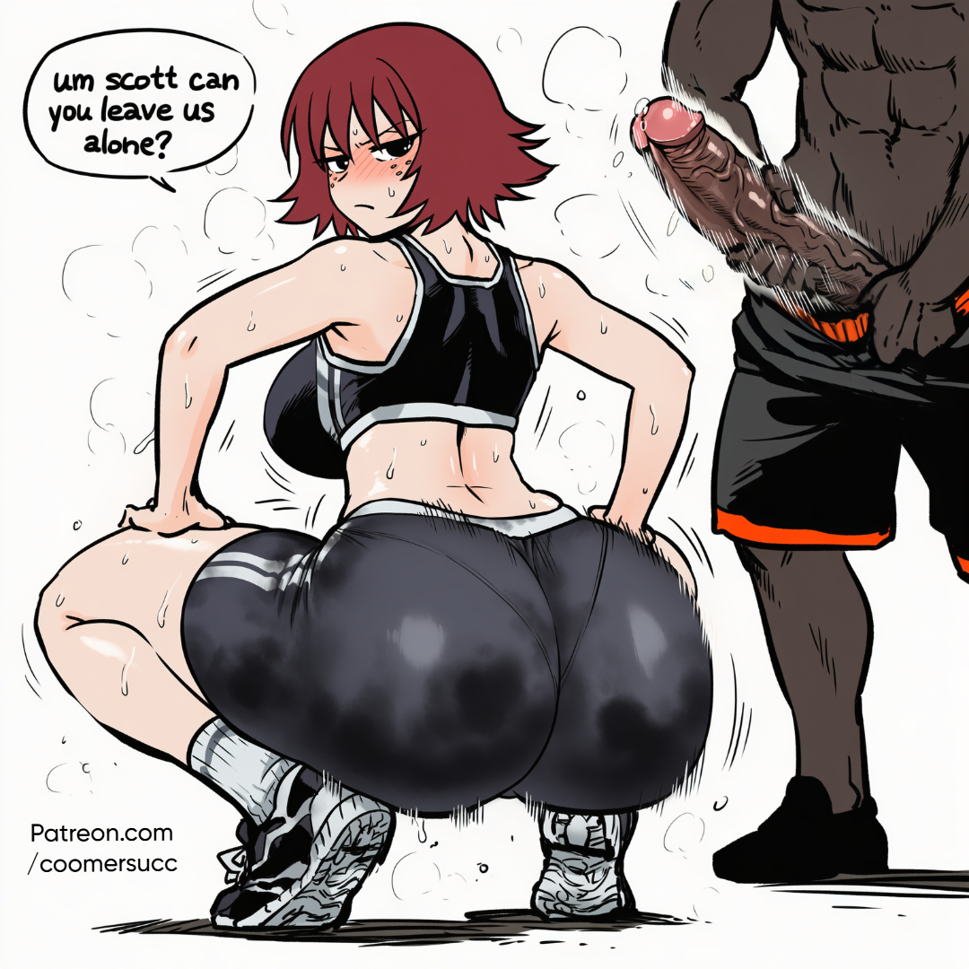 1boy, 1girls, ai generated, big ass, big breasts, black eyes, blush, breasts, coomersucc, dark skin, dark-skinned male, female, freckles, generic dark-skinned-muscular male, huge ass, kim pine, male, penis, red hair, scott pilgrim, uncensored, veiny penis